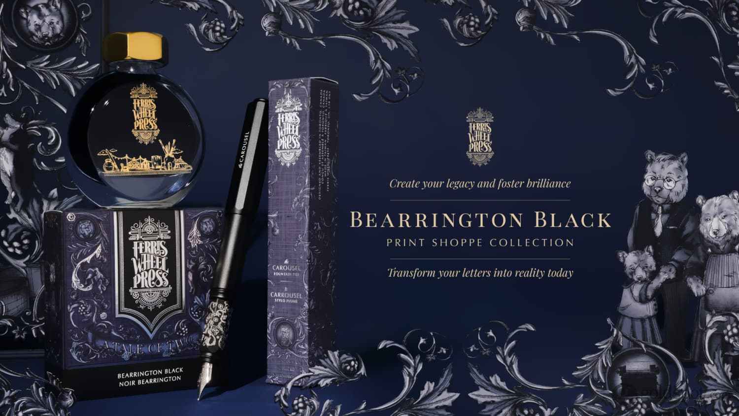 Ferris Wheel Press Bearrington Black Fountain Pen Ink - 38mL Bottle for Calligraphy, Writing & Art Projects