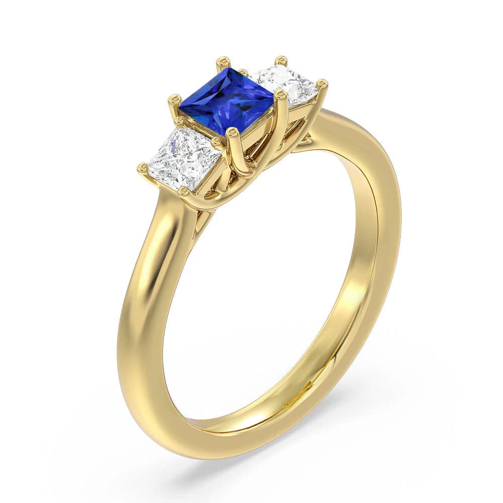 Lab Grown Sapphire & Princess Cut Diamond Three Stone Engagement Ring – Elegant Wedding Band, Anniversary Gift for Her, Perfect for Proposals & Special Occasions