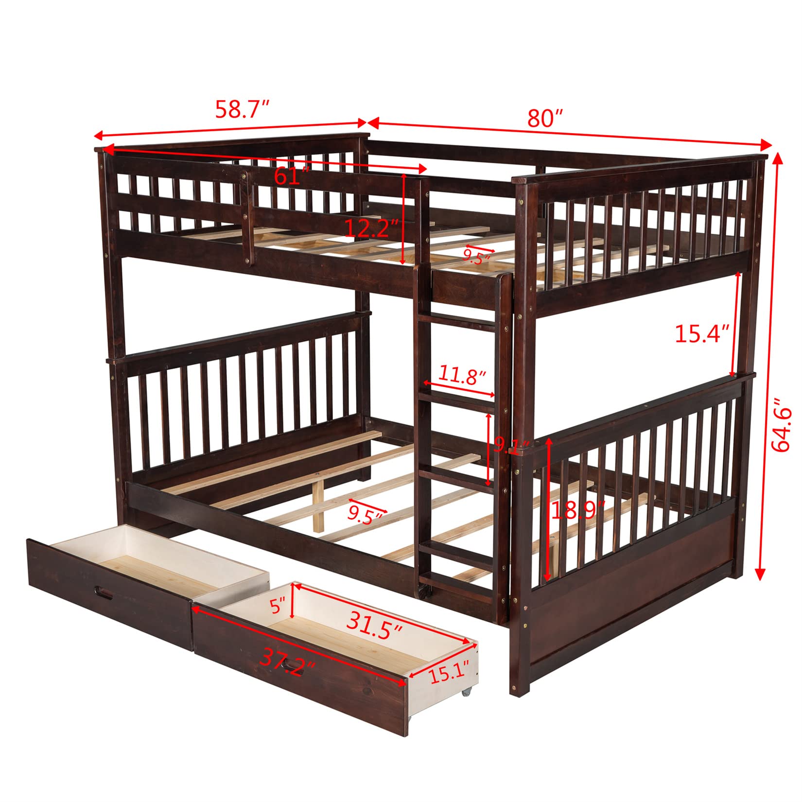 Full Over Full Bunk Beds with 2 Drawers for Kids & Teens - Detachable Wooden Bunk Bed Frame for Boys & Girls - Espresso Finish - Space Saving Kids Bedroom Furniture for Siblings or Sleepovers
