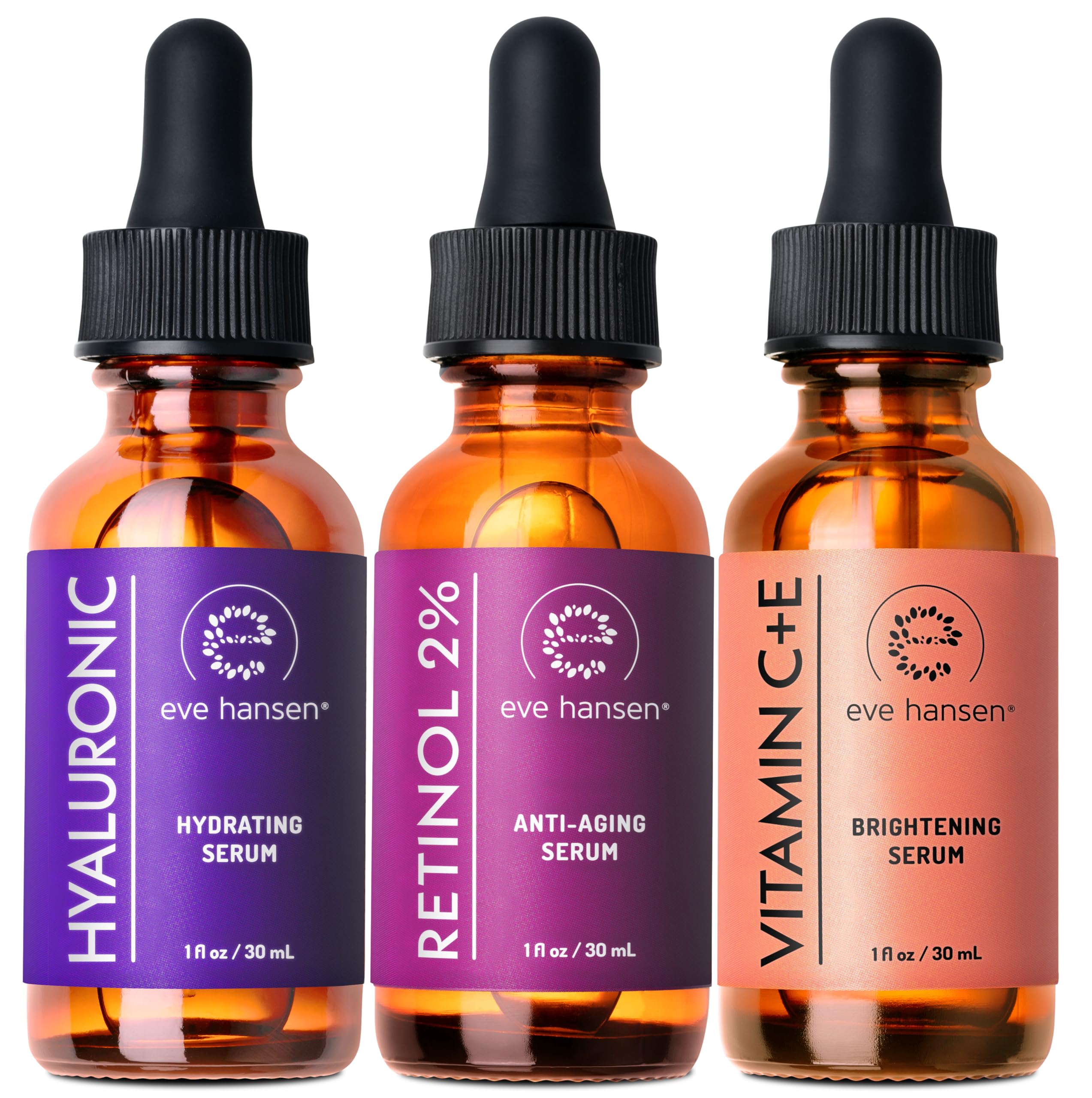 Eve Hansen Facial Serum Set - Vitamin C Serum, Hyaluronic Acid Serum & Retinol Serum for Hydration & Anti-Aging | 3-Piece Skincare Set (3x1 oz) | Perfect for Night Routine & Glowing Skin