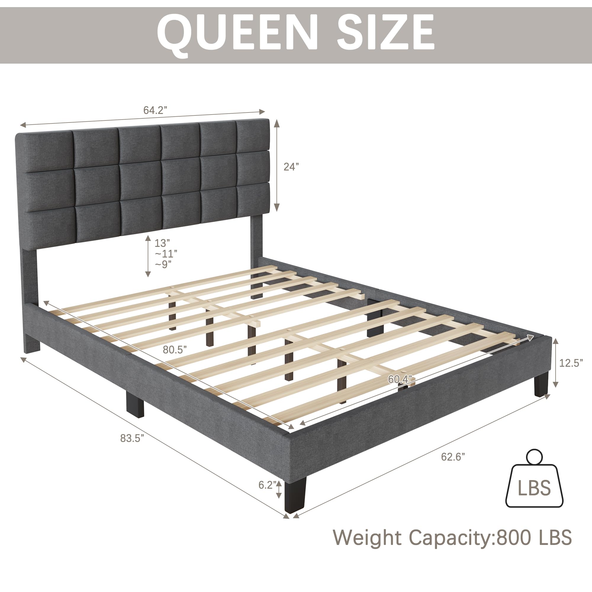 Queen Size Upholstered Platform Bed Frame with Adjustable Headboard - Linen Fabric, Tufted Design & Wooden Slats Support - No Box Spring Needed - Easy Assembly Mattress Foundation in Dark Grey - Perfect for Modern Bedrooms & Guest Rooms