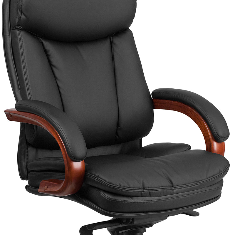 Premium FLASH Hansel High Back Black LeatherSoft Executive Ergonomic Office Chair with Synchro Tilt Mechanism - Mahogany Wood Base & Adjustable Arms - Perfect for Home Office, Conference Rooms & Executive Suites