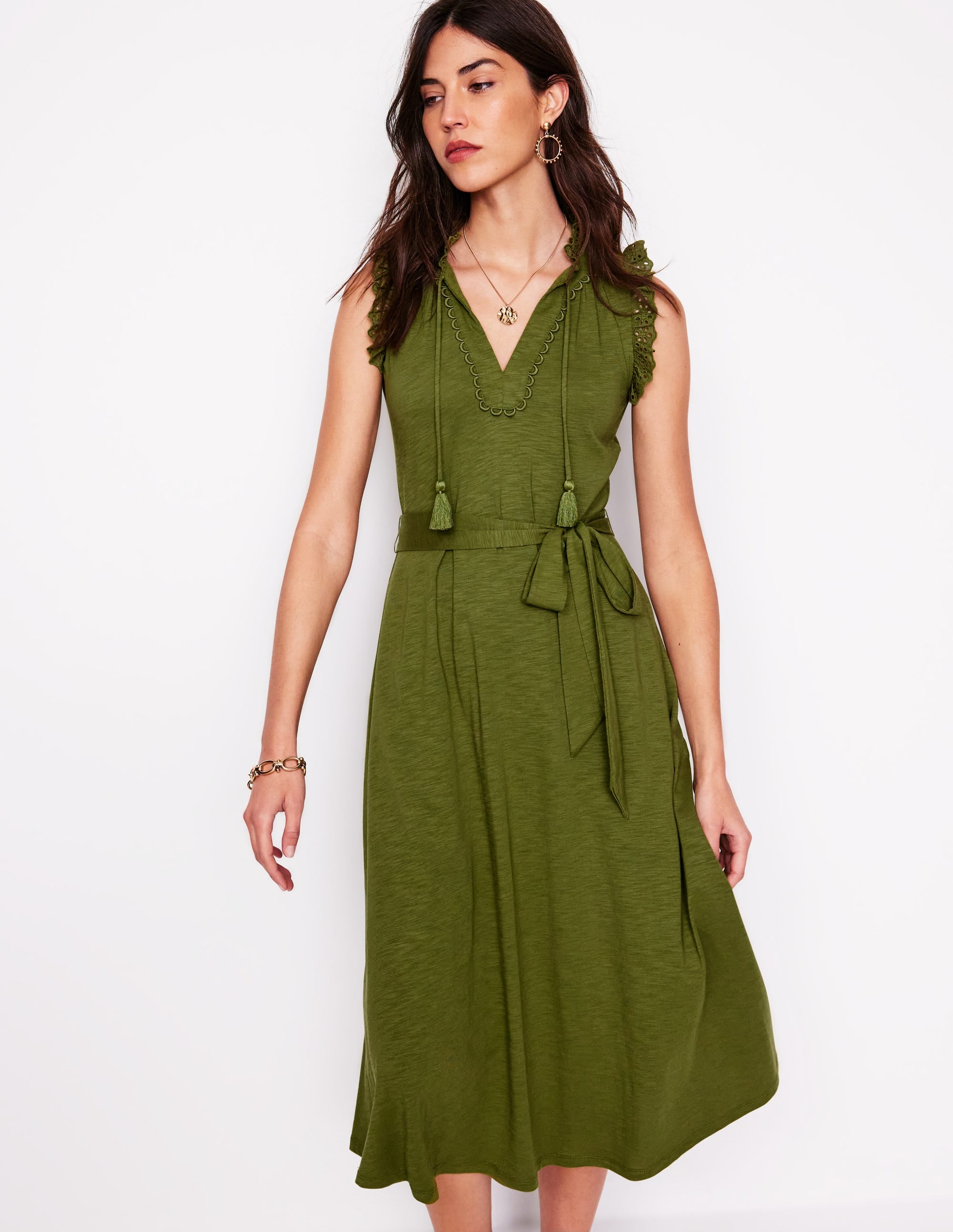 Aria Broderie Trim Midi Dress in Deep Olive - Elegant Floral Embroidery Summer Dress for Women, Perfect for Garden Parties, Weddings & Date Nights