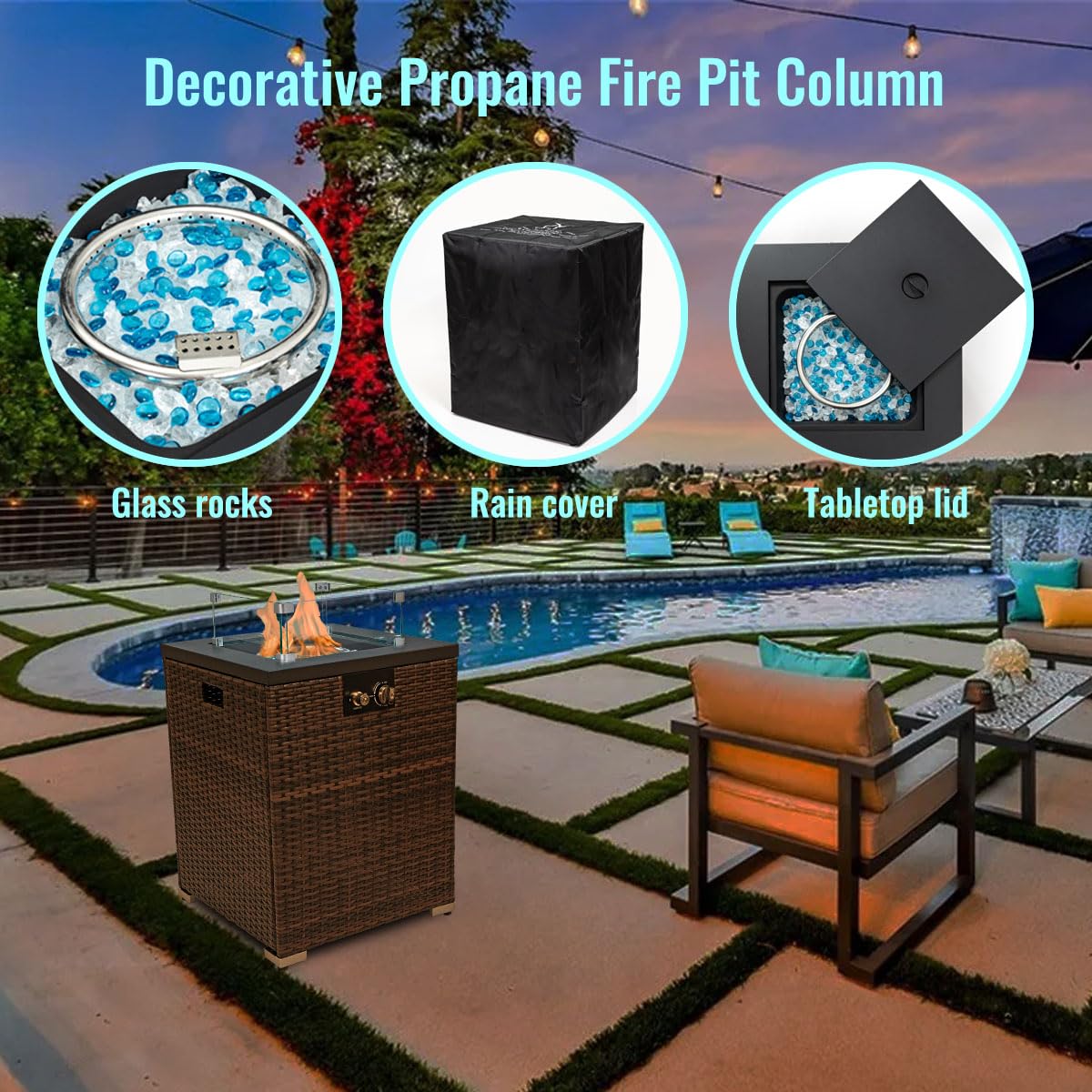 22in Outdoor Propane Gas Fire Pit Table - 40,000 BTU Auto-Ignition Fire Pit with Wind Guard & Glass Rocks - Weather-Resistant Steel Tabletop & Brown PE Rattan - Perfect for Patio, Backyard, and Garden Gatherings