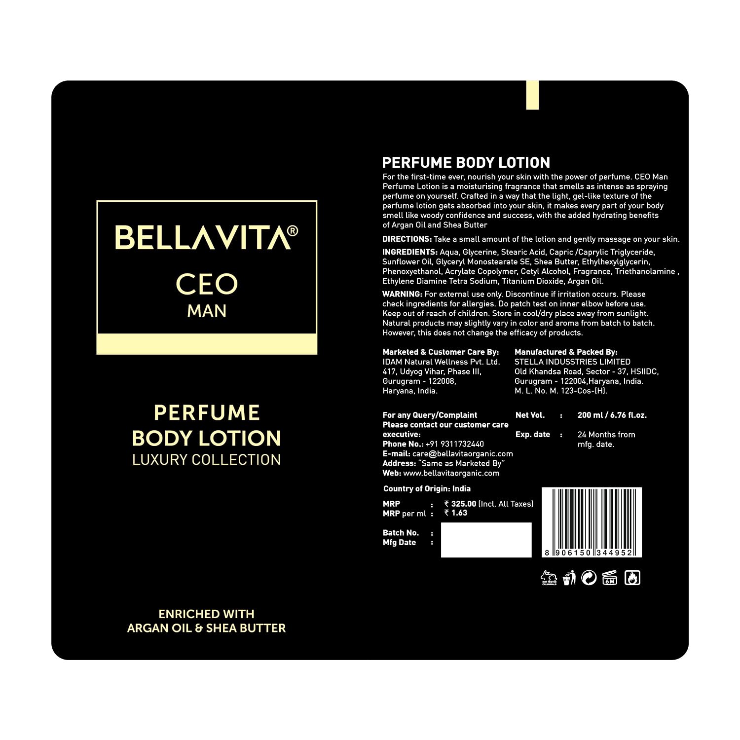 Bella Vita Luxury Intense CEO Men's Body Perfume Lotion - Nourishing & Hydrating with Argan Oil & Shea Butter - 200ml for Soft, Supple & Healthy Skin - Perfect for Daily Moisturizing & Grooming Routine