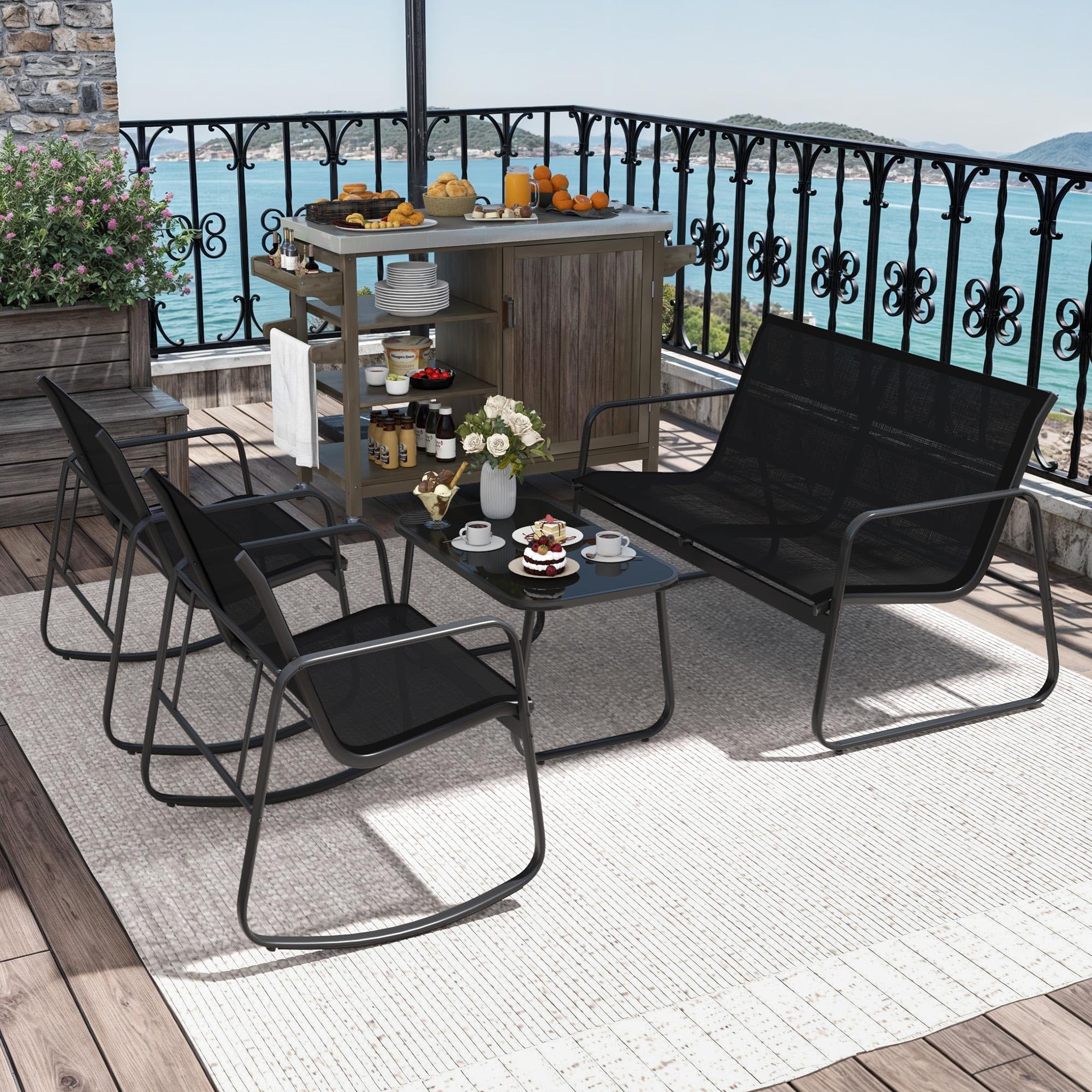**DWVO 4-Piece Patio Furniture Set - 2 Rocking Chairs, Sofa & Glass Coffee Table - Outdoor Conversation Set for Porch, Deck, Garden, Backyard, Poolside - Black**    *(Perfect for Relaxing, Entertaining, or Enjoying Coffee Outdoors!)*