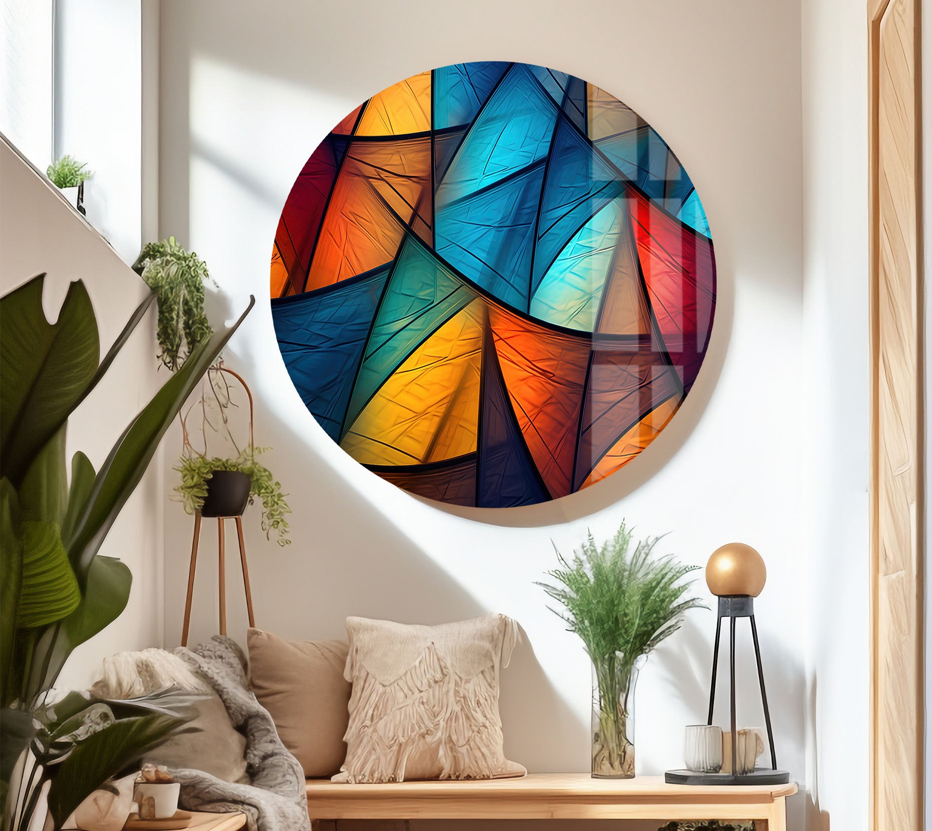 Modern Abstract Geometric Glass Wall Art - Vibrant Triangle Pattern Home Decor for Living Room, Bedroom & Office | Unique Handmade Wall Hanging