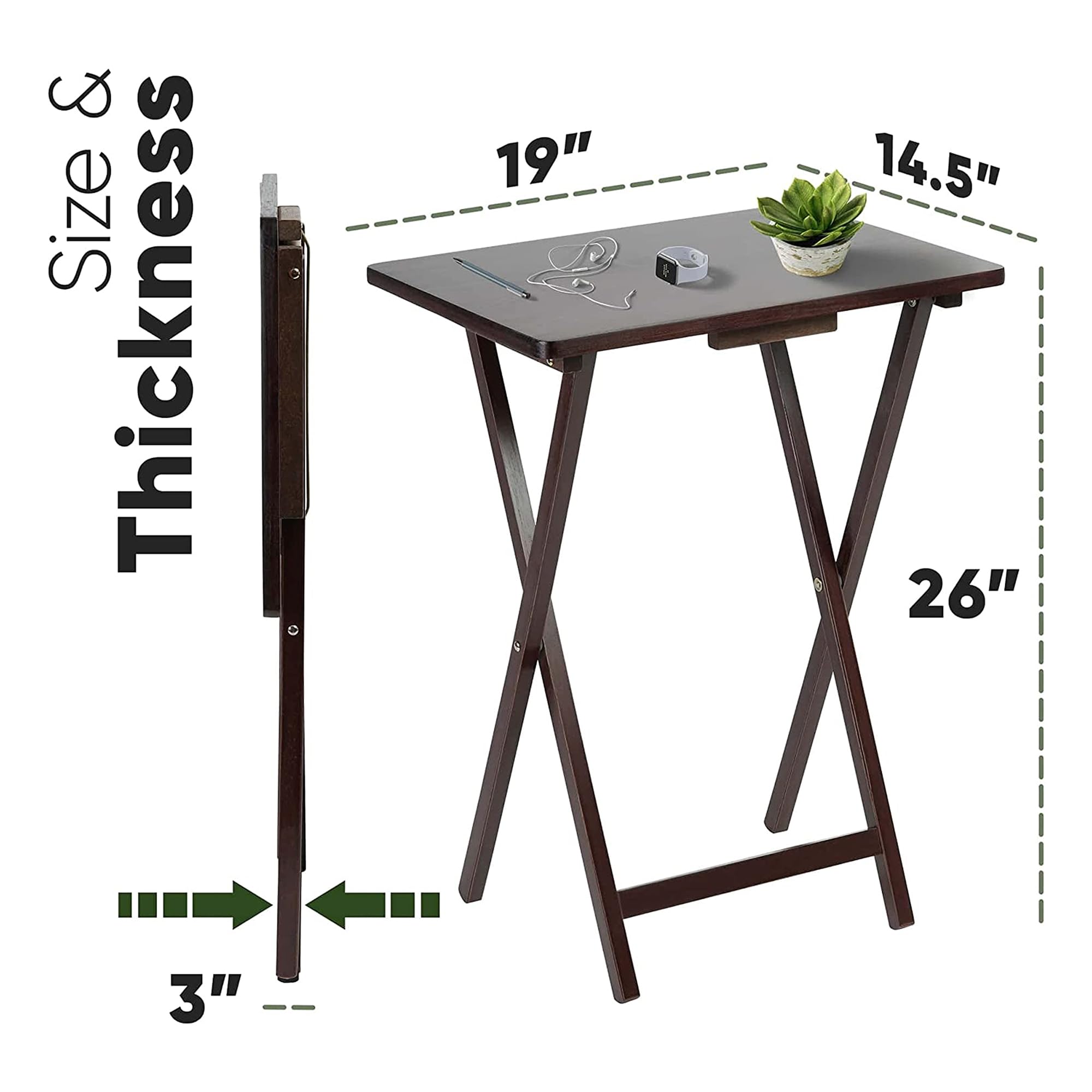 PJ Wood Solid & Sturdy Portable Folding TV Tray Table - Espresso Brown Wooden Snack Desk Serving Stand (8-Piece Set) - Perfect for Living Room, Bedroom, Office & Outdoor Use