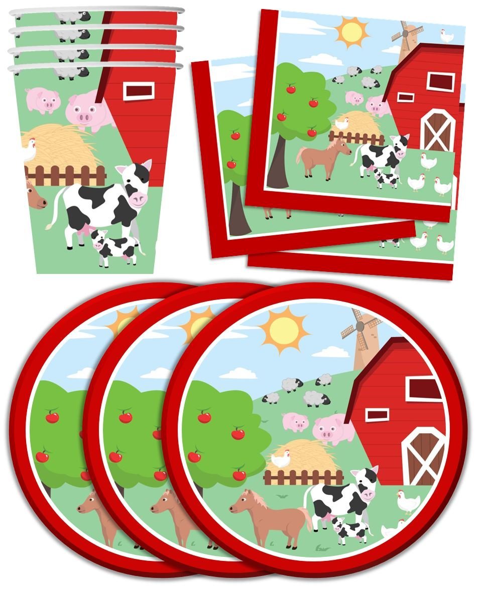 Barnyard Farm Animals Birthday Party Supplies Set - 16-Piece Tableware Kit with Plates, Napkins & Cups for Kids' Farm-Themed Parties