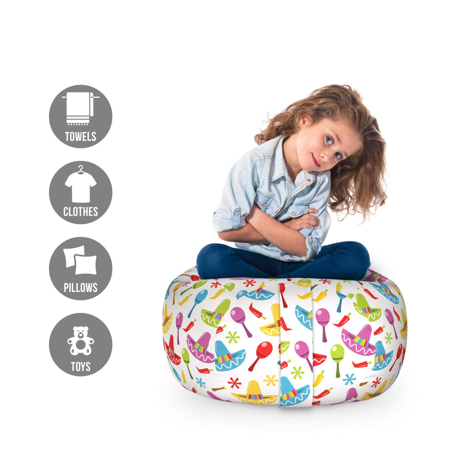 Ambesonne Fiesta Storage Toy Bag Chair - Abstract Sombrero & Maracas Pattern Geometric Star Design, Colorful Illustration Stuffed Animal Organizer, Washable Small Multicolor Bag for Kids' Room, Playroom & Nursery Organization