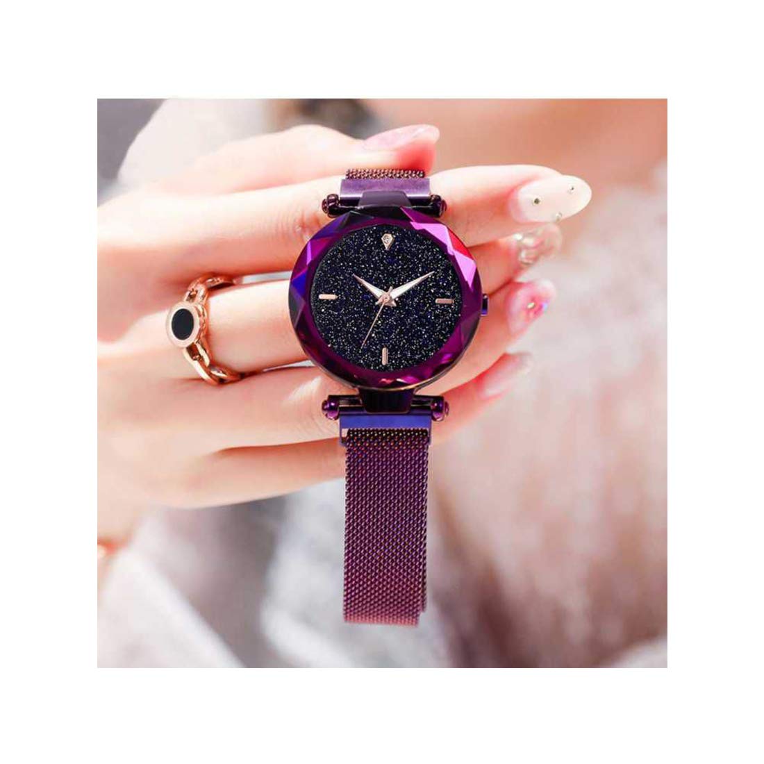 TIMESPACE TS-4025 Luxury Women's Quartz Watch - Black Dial with Purple Magnetic Strap, Slim Minimalist Design for Girls & Teens | Perfect for School, Office, Date Night & Everyday Wear