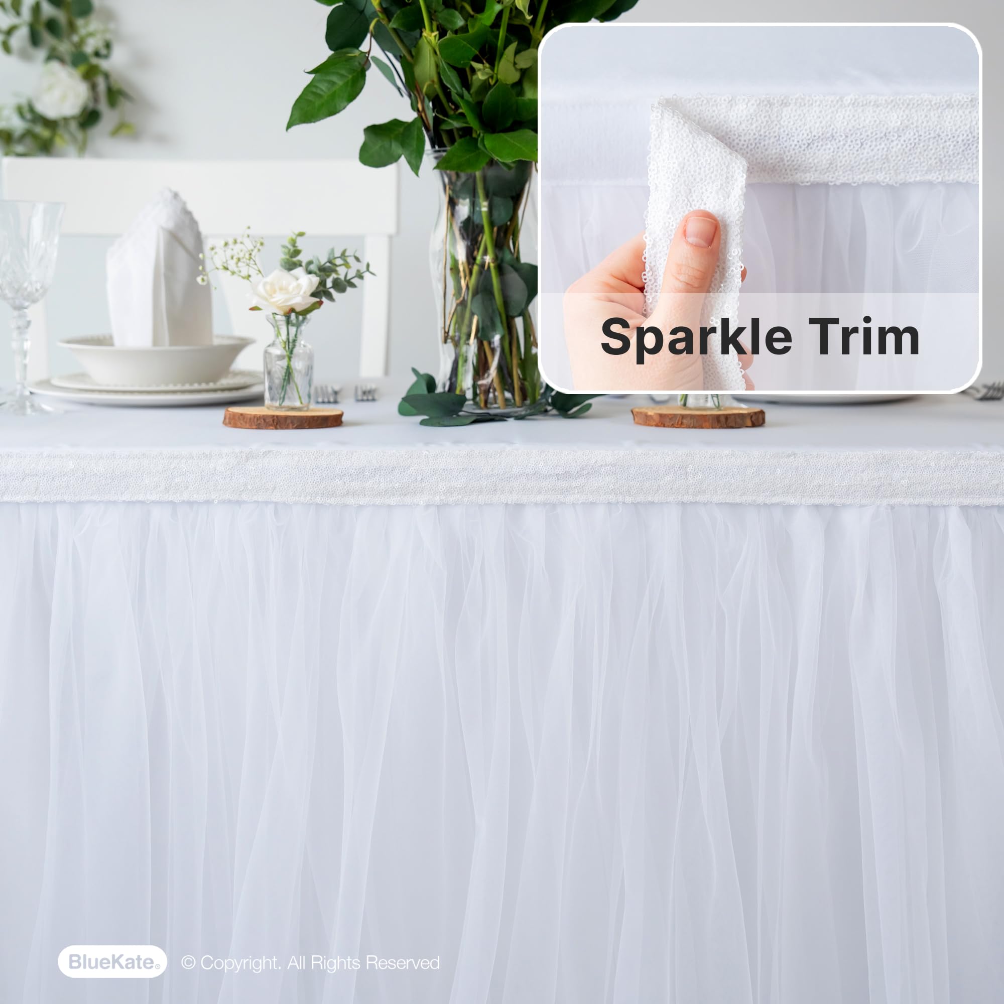 Bluekate White Tulle Table Skirt with Two Trims - 6ft Rectangle Table Tutu Skirt for Party Decor | Perfect for Baby Showers, Weddings & Unicorn Themed Events | Elegant Table Cover for Birthday Parties & Special Occasions