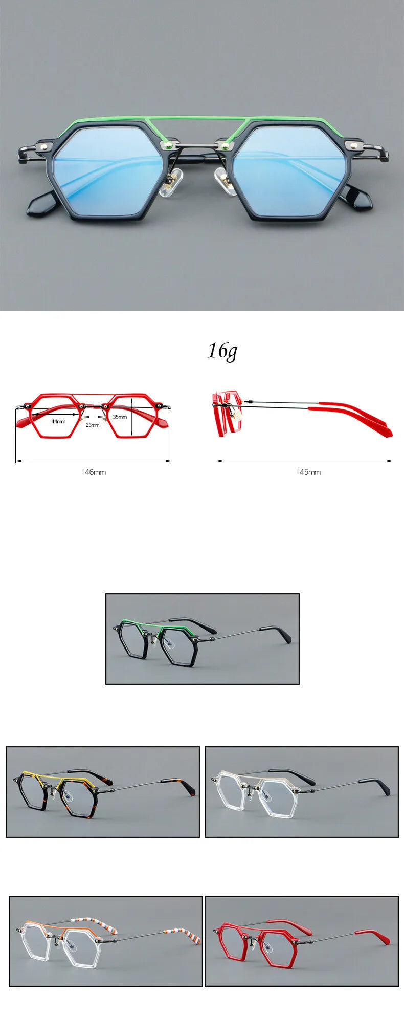 CCspace Unisex Full Rim Polygon Double Bridge Acetate Alloy Eyeglasses 3812 - Stylish & Durable Frame for Men & Women - Perfect for Work, Reading & Fashion Accessories