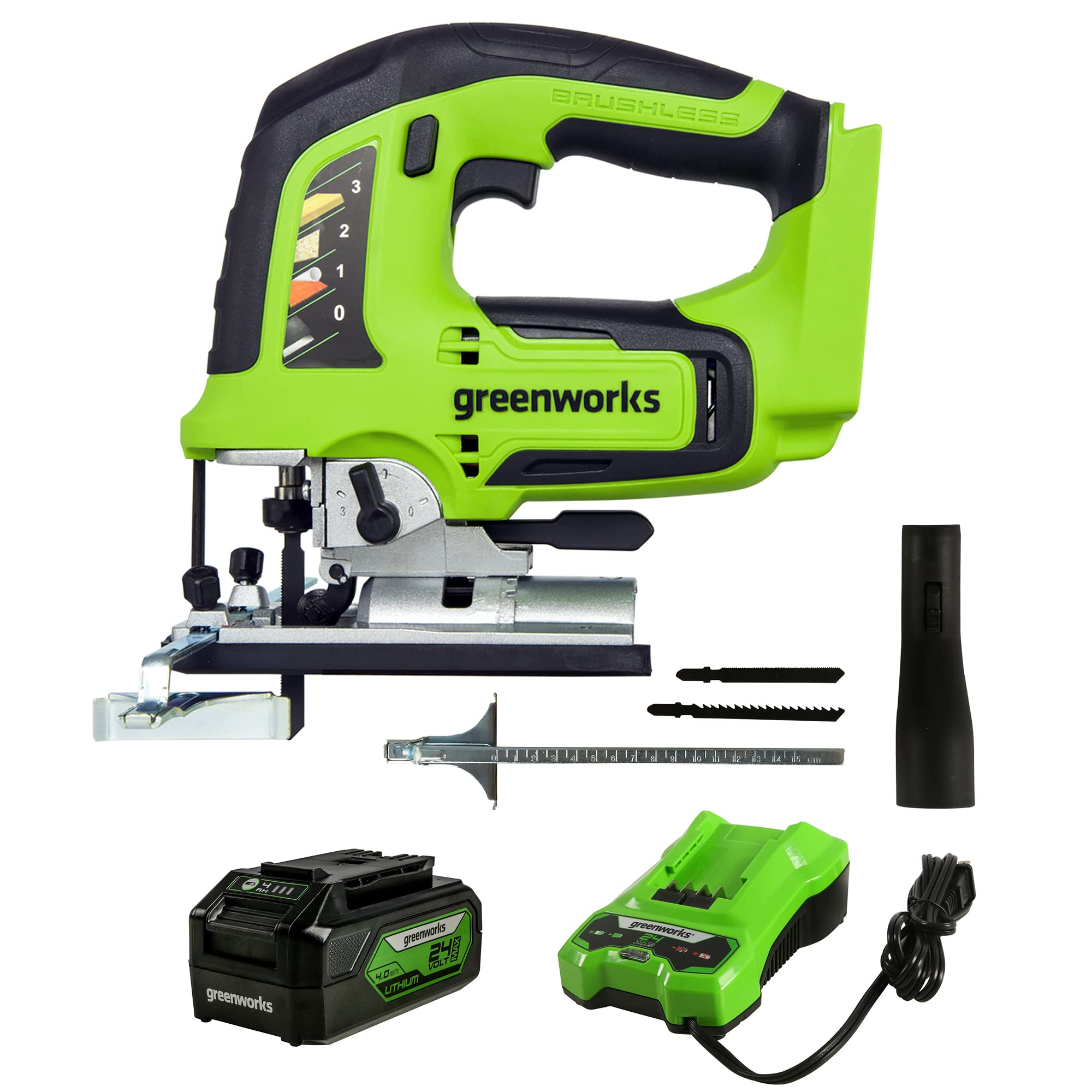 Greenworks 24V Brushless Cordless Jig Saw with 4.0Ah Battery & Charger - Powerful Electric Cutting Tool for Woodworking, DIY Projects & Home Renovations