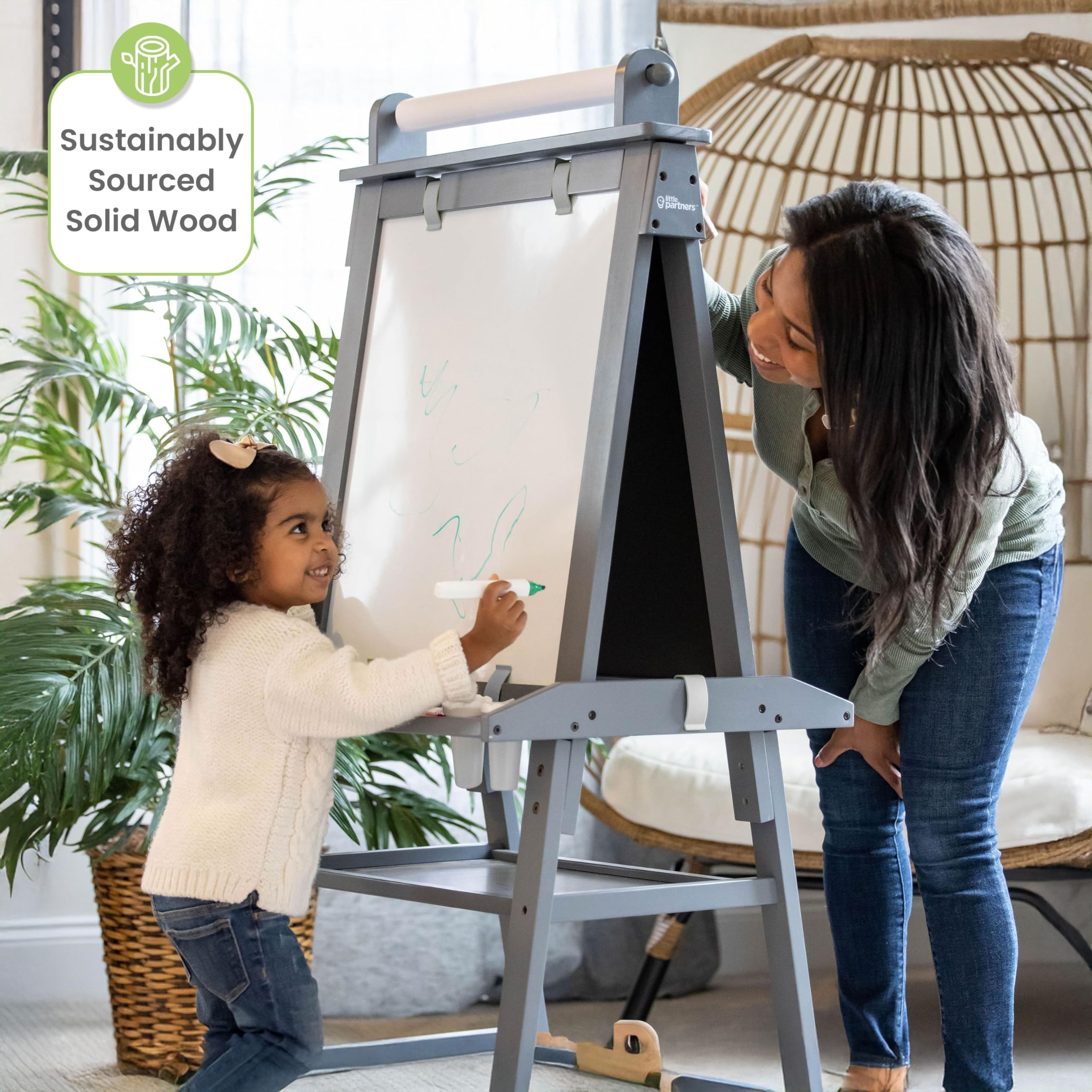 Little Partners Deluxe Learn 'N Play Toddler Easel for Kids - 2-Sided Art Center with Chalkboard & Magnetic Whiteboard | Paper Feed, Storage Bins & Paint Cups | Perfect for Home, Preschool & Daycare (Earl Grey)