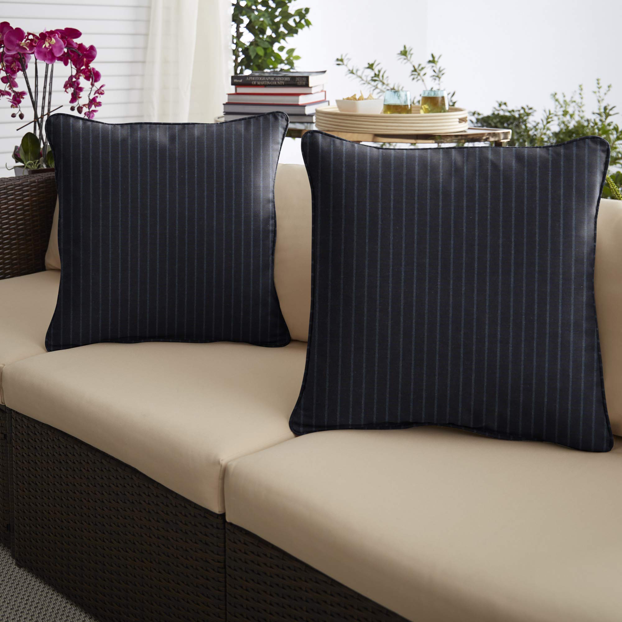 Premium Set of 2 Midnight Black Outdoor Pillow Covers 18x18 Inch - Waterproof & UV Resistant for Patio Furniture, Deck Chairs, Poolside Lounging