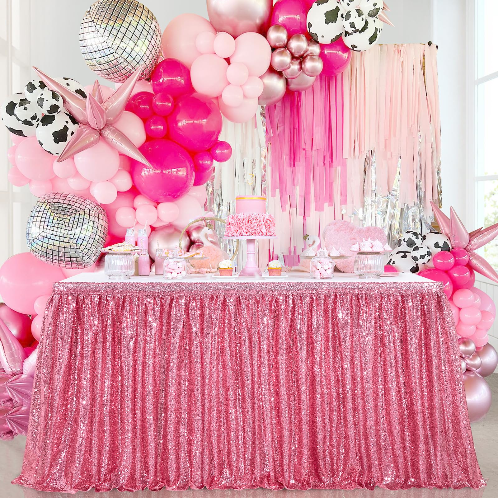 Blush Pink Sequin Table Skirt - 6ft Rectangle Party Table Cover with Sparkle for Baby Showers, Birthdays & Special Events | Elegant Table Decor for Weddings, Quinceañeras & Holiday Celebrations