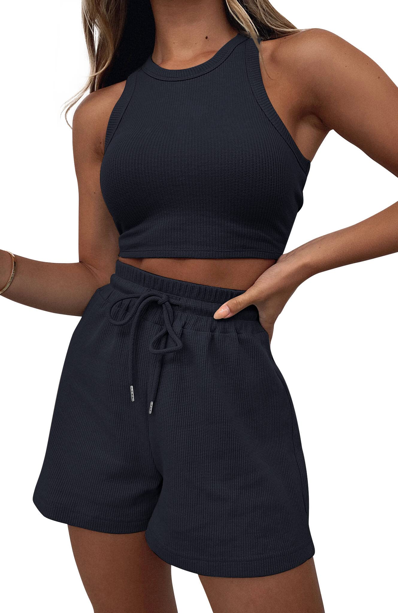 Lingswallow 2 Piece Women's Lounge Set - Sleeveless Crop Top & Waffle Knit Shorts | Soft Comfortable Sweatsuit for Yoga, Sleep & Home Relaxation