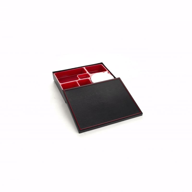 Premium Japanese Bento Box - Large 6-Compartment Lunch Container with Bowl, Black & Red Design (12.25