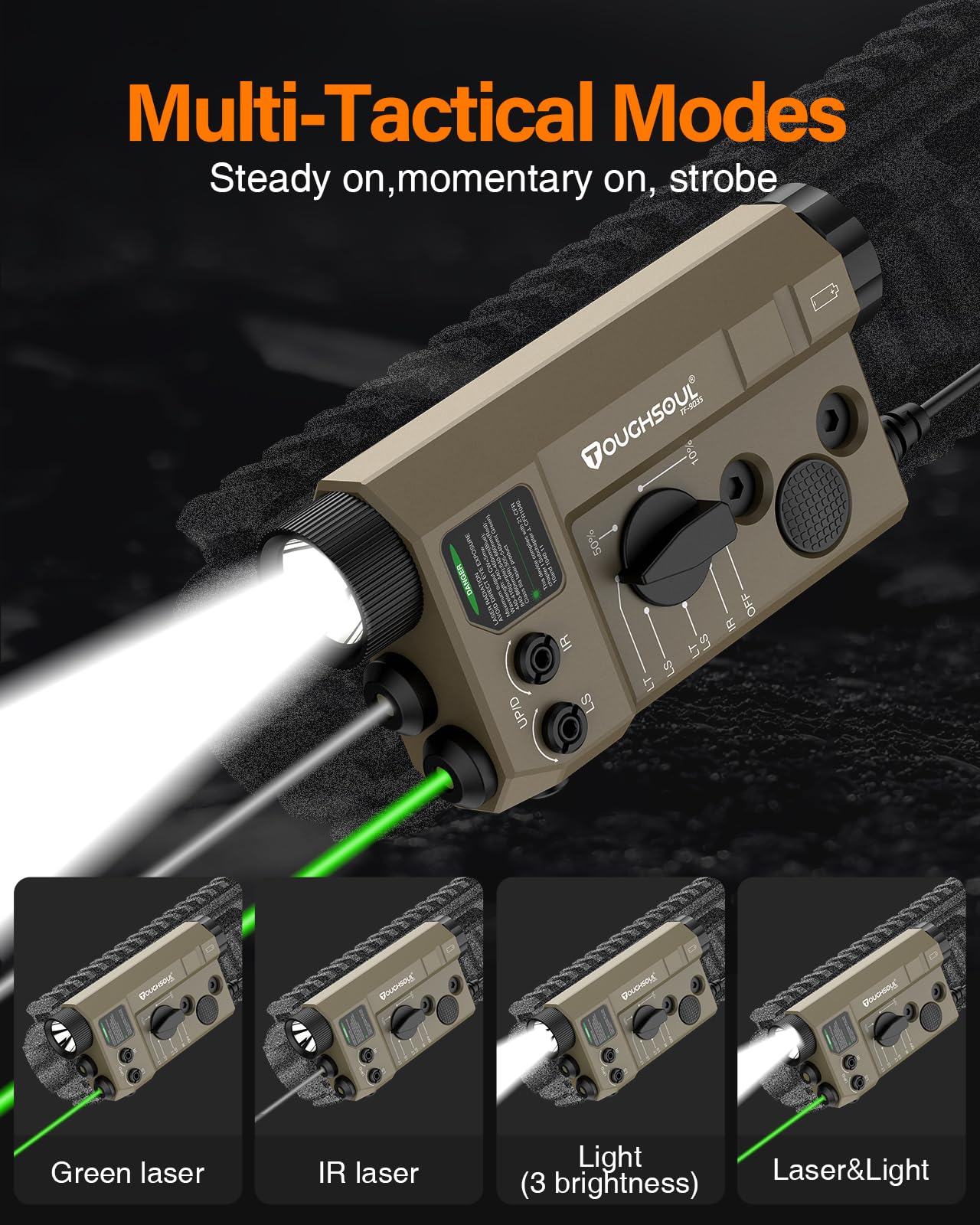 Tactical Flashlight with Green Laser & IR Combo - 1200 Lumen Rifle Light with Remote Pressure Switch | Picatinny & M-LOK Mount | Hunting, Home Defense & Outdoor Activities