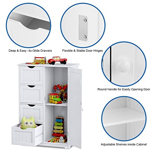 White Wooden Bathroom Storage Cabinet - 4 Drawer Free Standing Floor Organizer with Adjustable Shelf | Perfect for Bathroom, Bedroom & Closet Organization