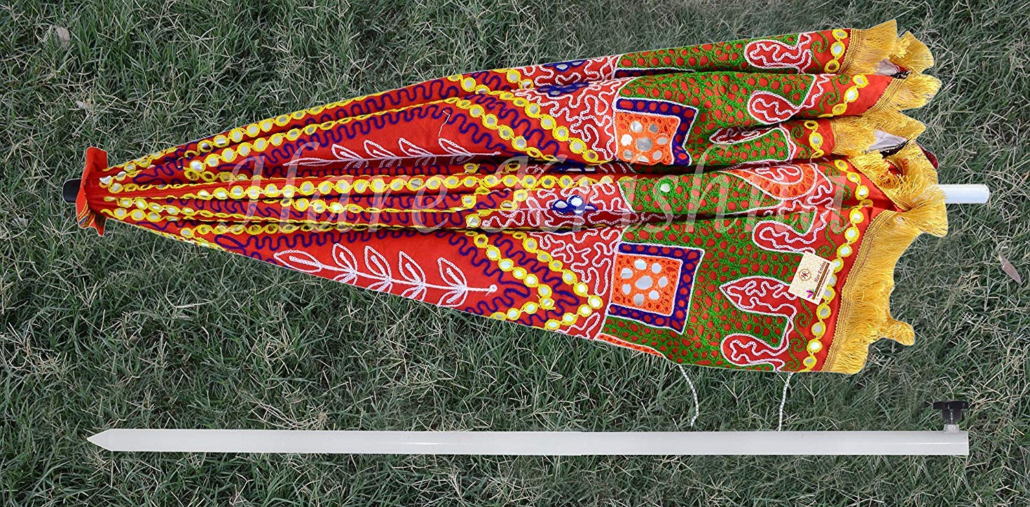 Handmade Mirror Work Large Garden Sun Umbrella - Indian Peacock Design Patio Umbrella for Beach, Cafe & Outdoor Shade - Cotton Canopy Parasol (Red Elephant) - Perfect for Backyard, Poolside & Restaurant Outdoor Seating