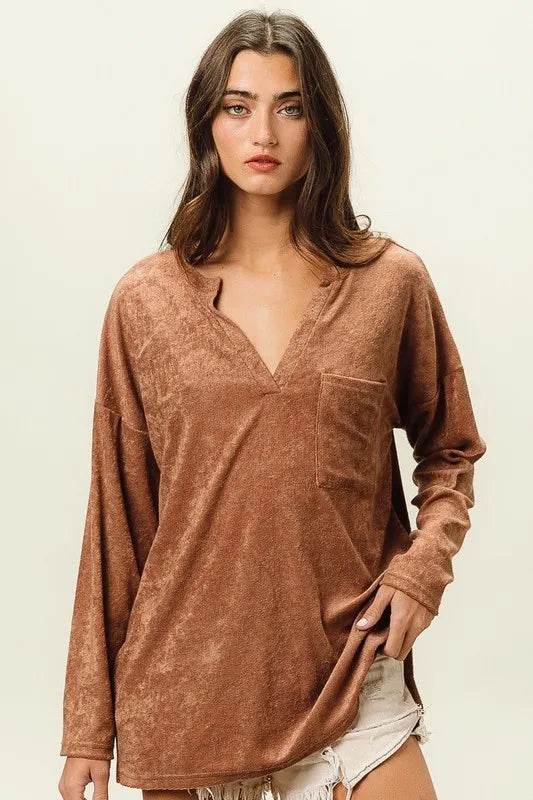 BiBi Loop Terry Solid V-Neck Pocket Top for Women - Soft Casual T-Shirt with Pocket - Perfect for Everyday Wear, Lounge, and Outings