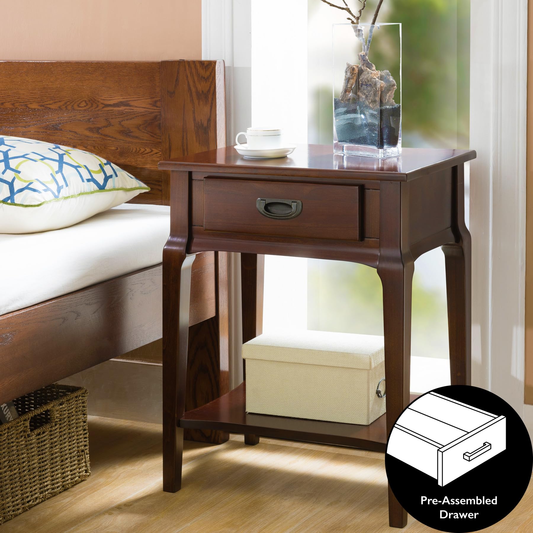 Leick Home 22022 Stratus One Drawer Nightstand with Shelf - Heartwood Cherry Finish Bedside Table for Bedroom, Living Room & Office