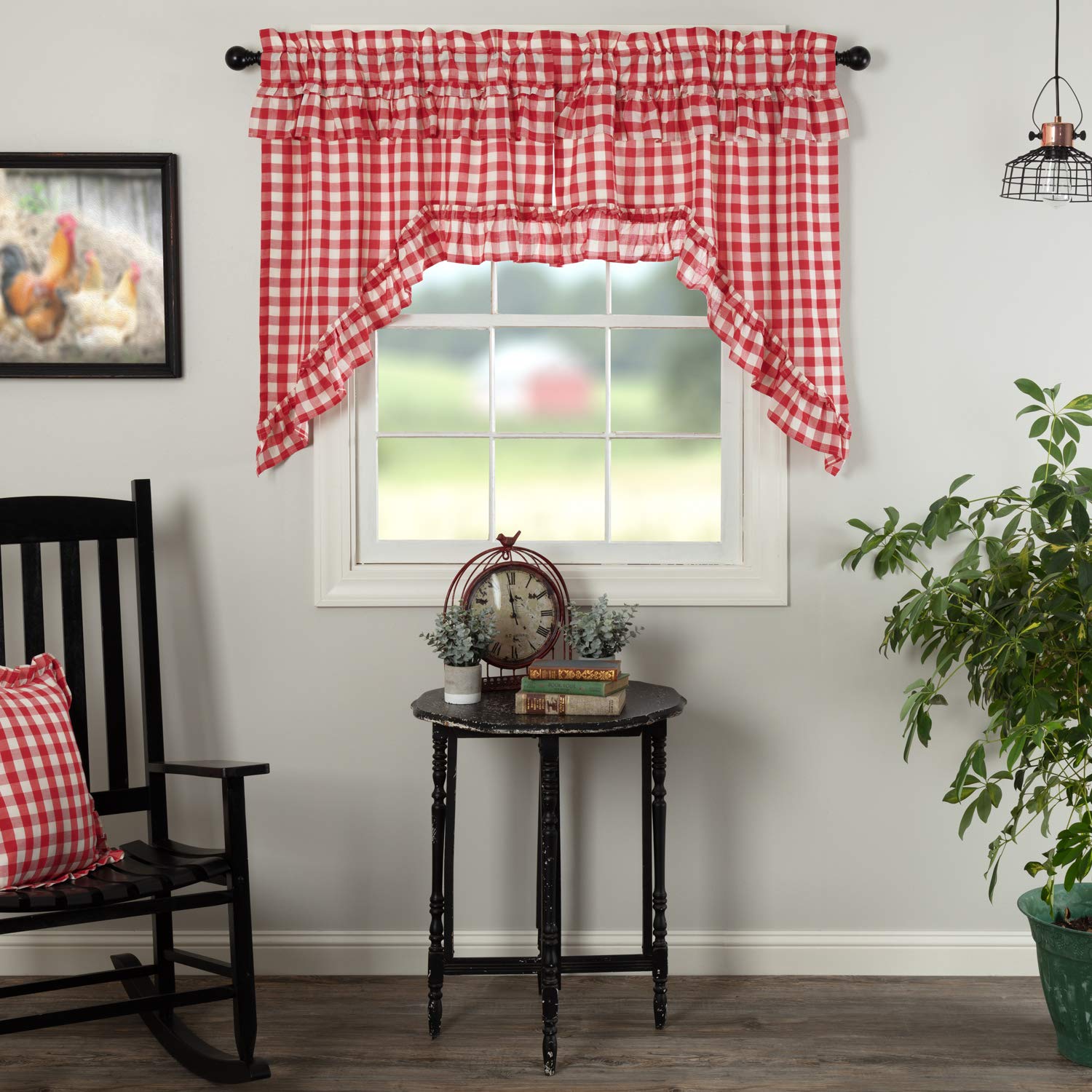 Annie Buffalo Check Cotton Farmhouse Kitchen Curtains - Red Country Style with Rod Pocket & Hanging Loops - Perfect for Rustic Home Decor, Country Kitchens, and Cozy Dining Areas