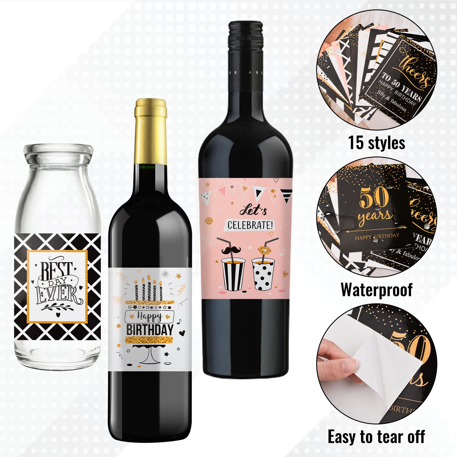 50th Birthday Party Wine & Beer Bottle Labels - 15 Sheets Cheers to 50 Years Stickers - Fun 50th Birthday Decoration Supplies for Men & Women - Perfect for Milestone Celebrations, Anniversary Parties & Retirement Gifts