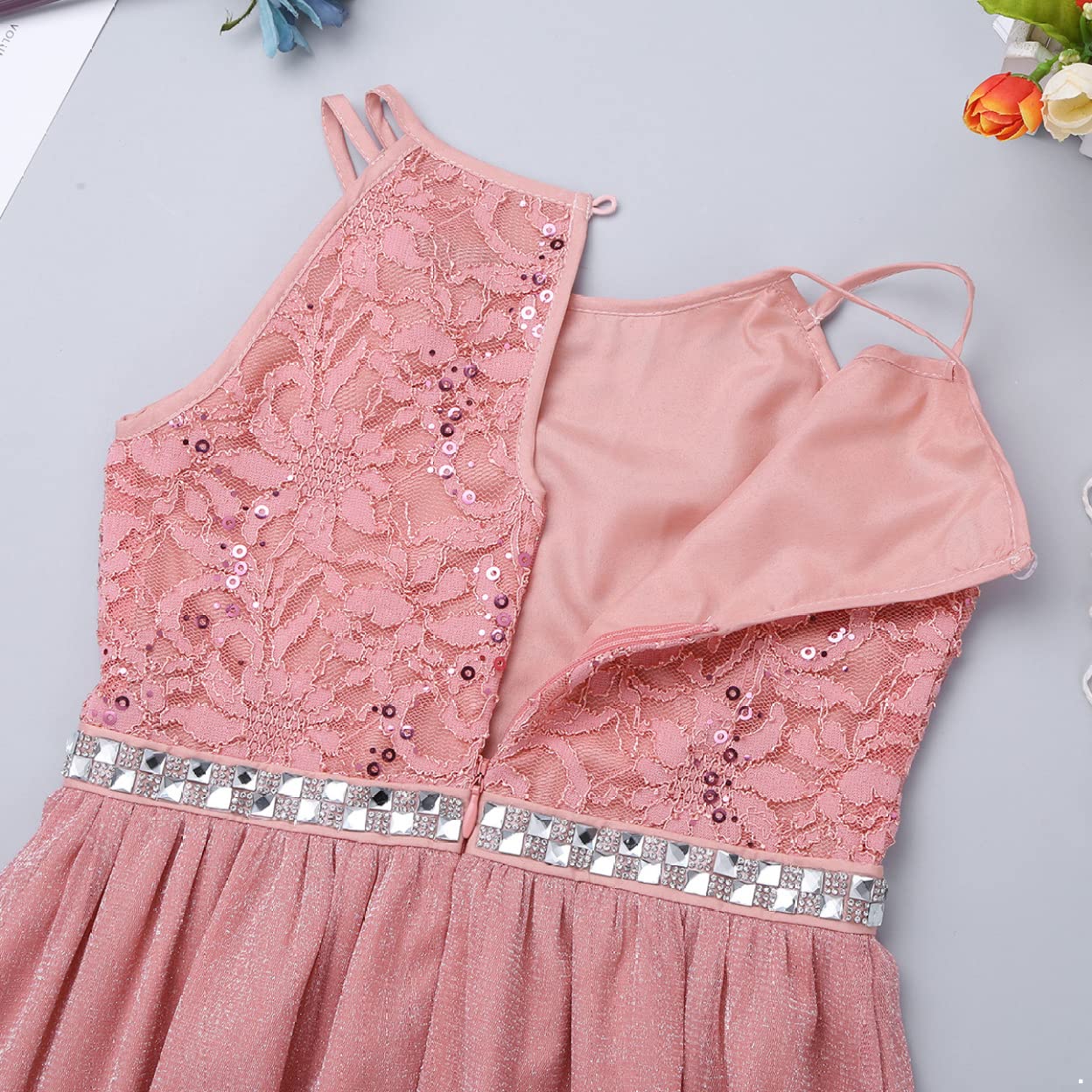 Sparkly Girls Halter Sequins Lace Chiffon Flower Dress for Junior Wedding, Bridesmaid & Prom Party | Perfect for Formal Events, Birthday Celebrations & Special Occasions