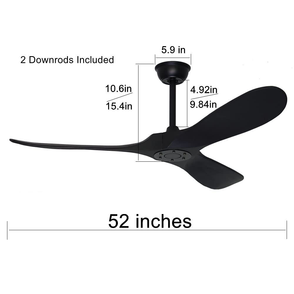 Goozegg 52 Inch Black Ceiling Fan with Remote Control - 3 Solid Wood Blades, Energy Efficient DC Motor, No Lights - Perfect for Living Room, Bedroom & Outdoor Spaces