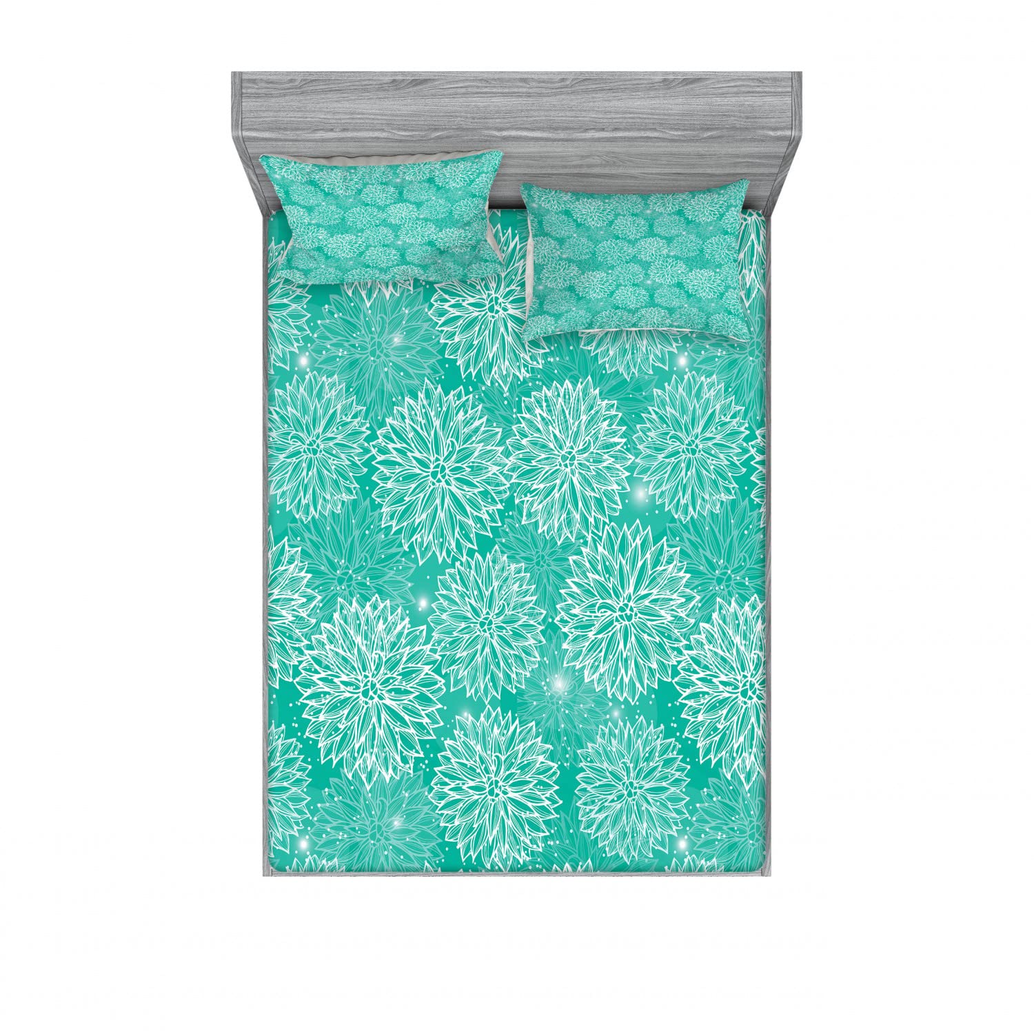 Ambesonne 2-Piece Teal Queen Fitted Sheet Set with 4 Pillow Shams - Modern Floral Bedding Collection for Master Bedroom & Guest Room Decor