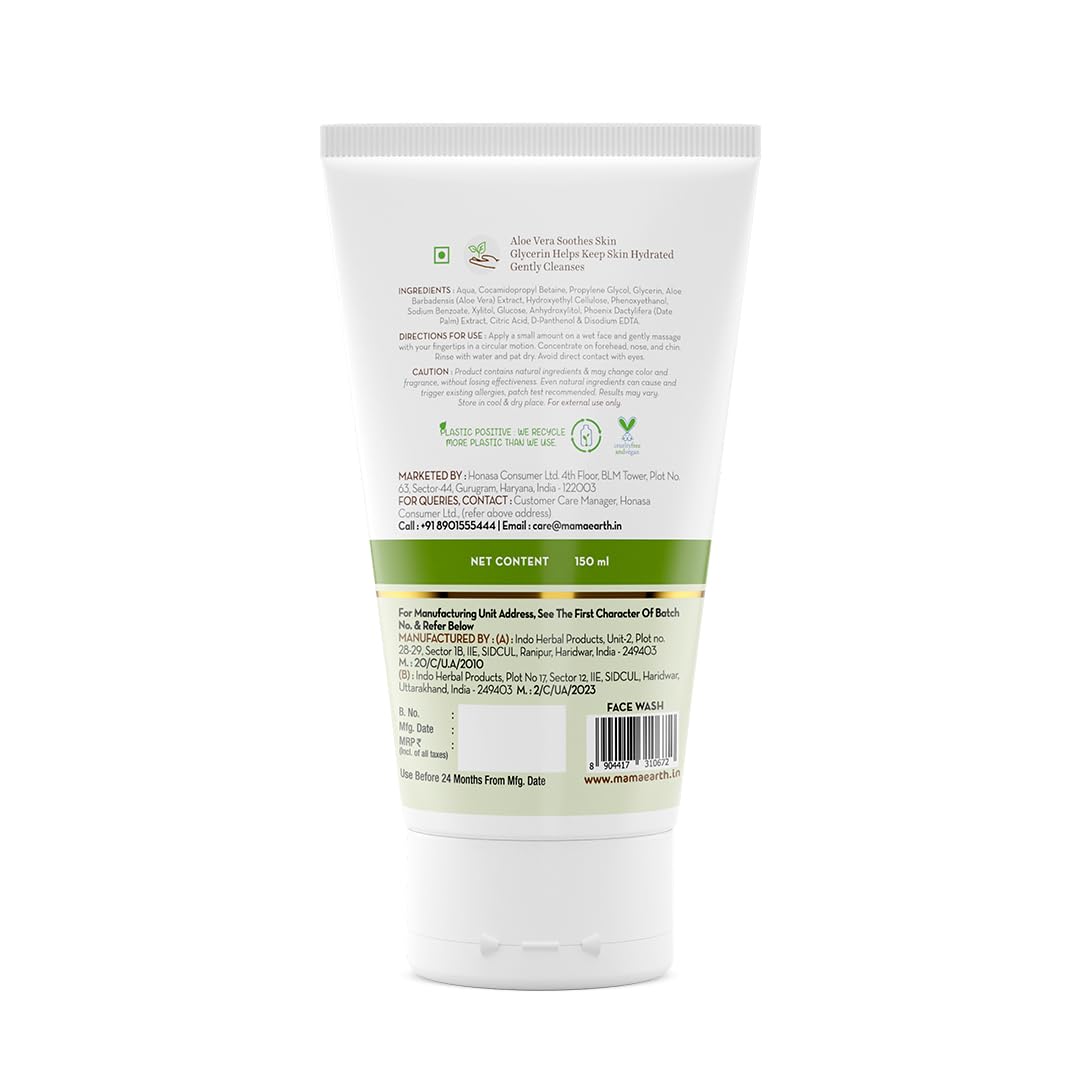 Mamaearth Aloe Vera & Glycerin Gentle Face Wash for Sensitive Skin - 150ml | Hydrating & Soothing Cleanser for Dry to Normal Skin | Fragrance-Free, Soap-Free, Non-Irritant | Perfect for Daily Skincare Routine & Post-Sun Care
