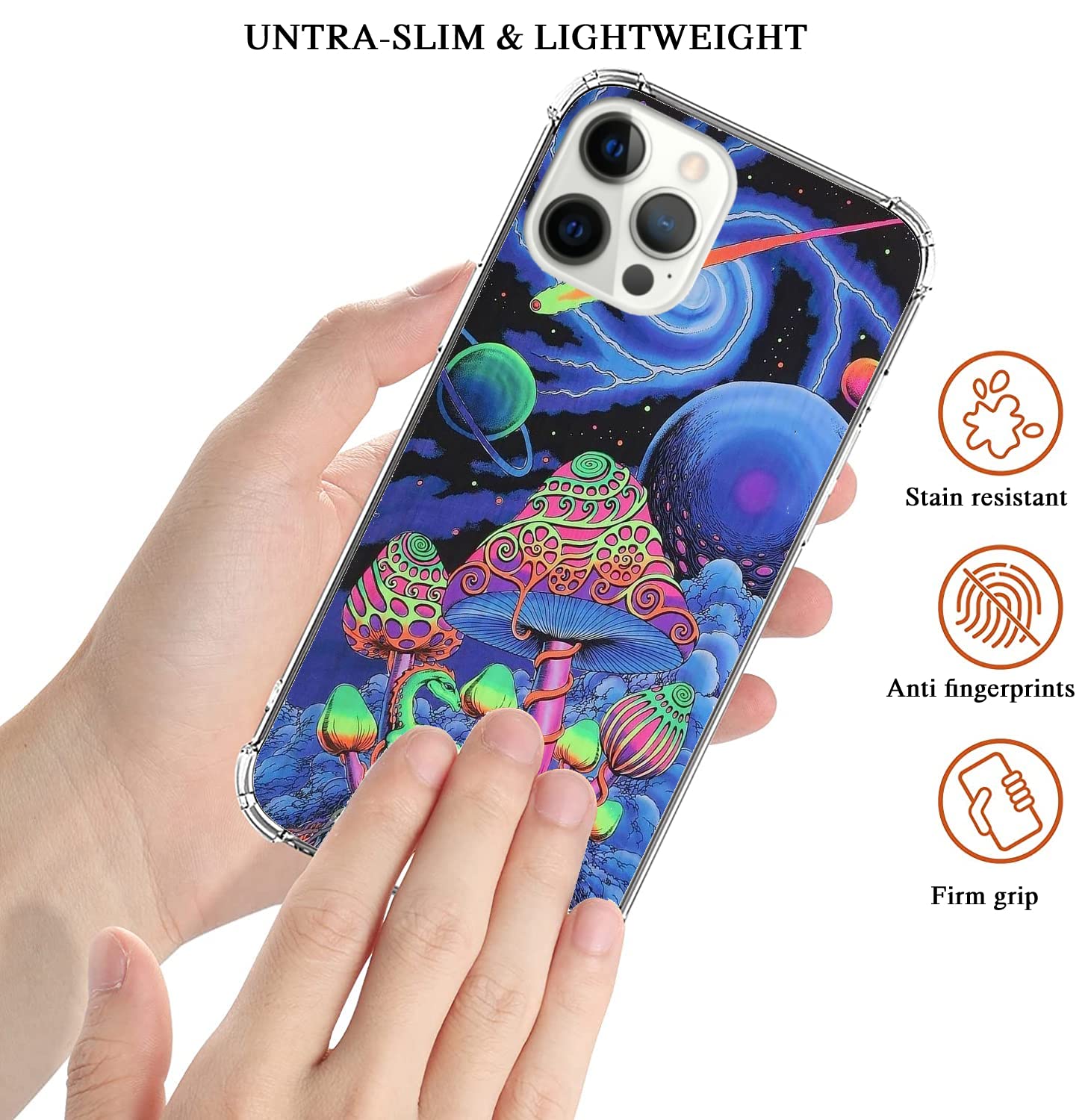 Trippy Mushroom Space Planet iPhone 12 Pro Max Case - Psychedelic Aesthetic TPU Bumper Cover for Women & Men - Trendy Protective Phone Case for Music Festivals, Rave Parties & Unique Style Lovers