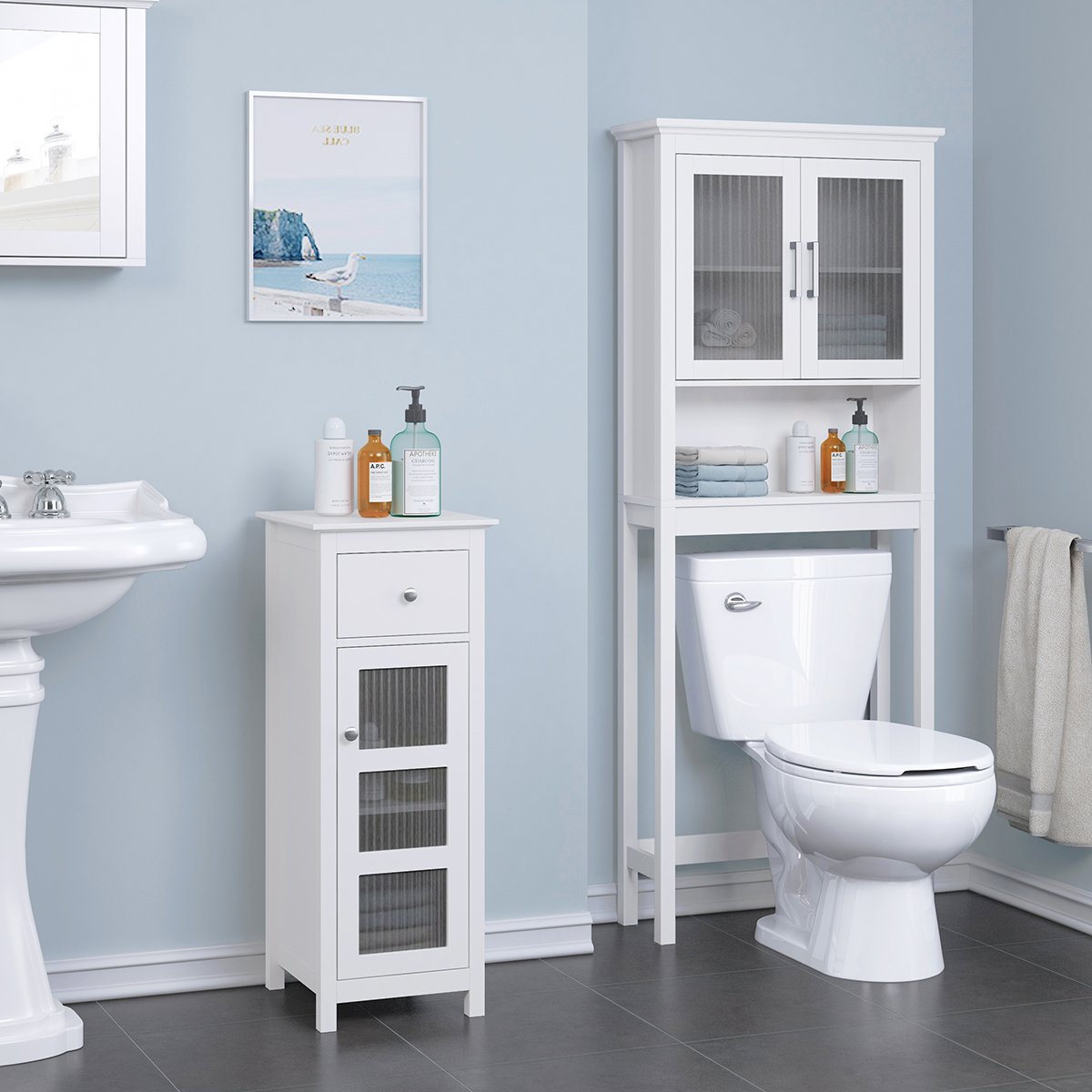 Over The Toilet Storage Cabinet with Tempered Glass Doors - White Bathroom Organizer for Towels, Toiletries & Linens | Space-Saving Bathroom Storage Solution for Small Spaces