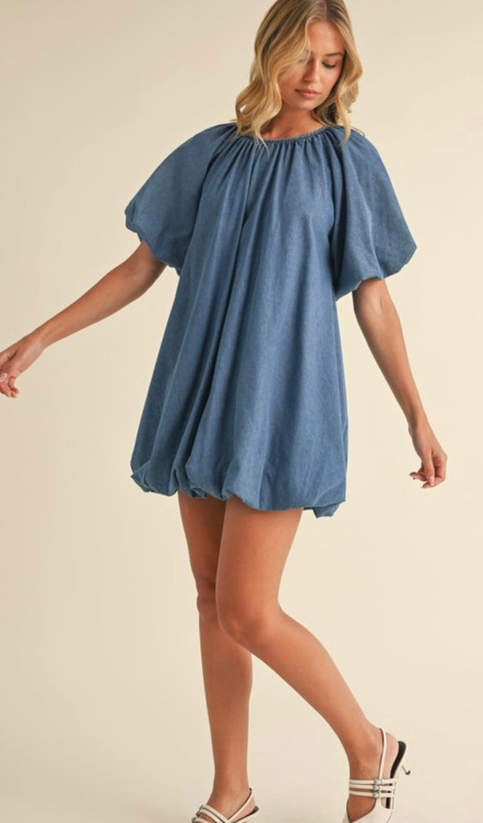 Stylish Denim Puff Sleeve Bubble Mini Dress for Women - Trendy Casual Outfit for Date Night, Parties & Summer Fashion