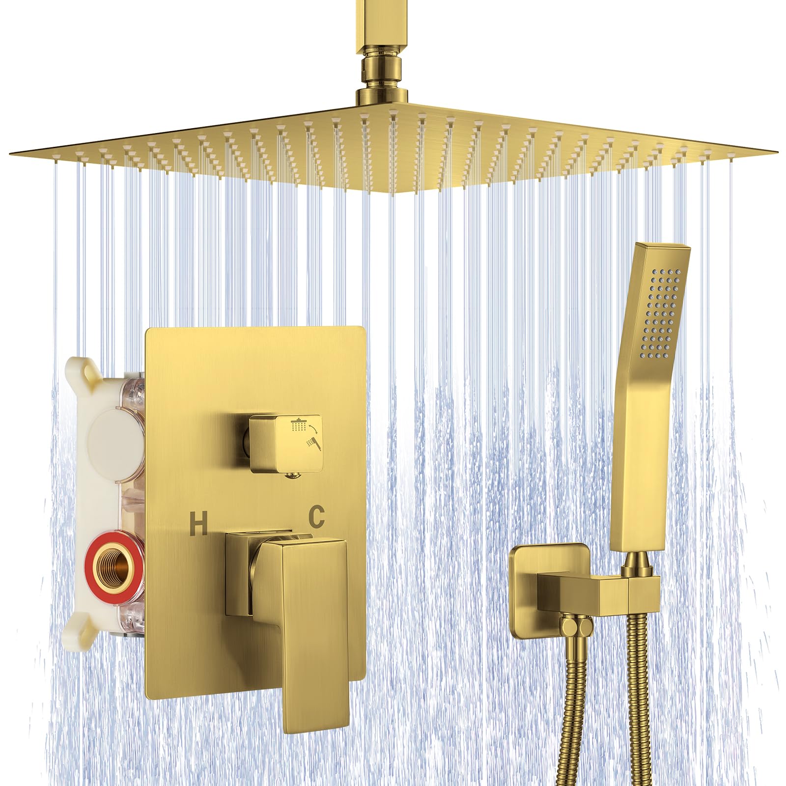 JOMEOO 12 Inch Brushed Gold Shower System - Ceiling Mounted High Pressure Rainfall Shower Head with Handheld Sprayer, Luxury Bathroom Shower Faucet Set with Rough-in Valve & Trim for Spa-Like Experience