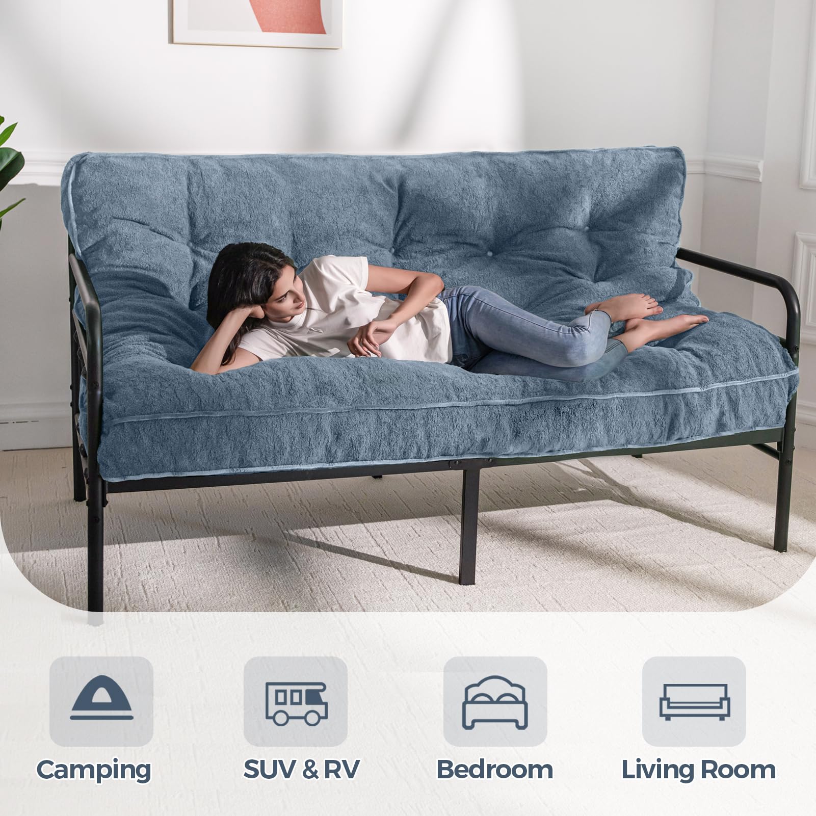 MAXYOYO 6 Inch Full Size Futon Mattress - Thick Boucle Sofa Bed with Shredded Foam Filling for Adults, Dusty Blue | Perfect for Guest Rooms, Dormitories, Small Apartments & Floor Sleeping