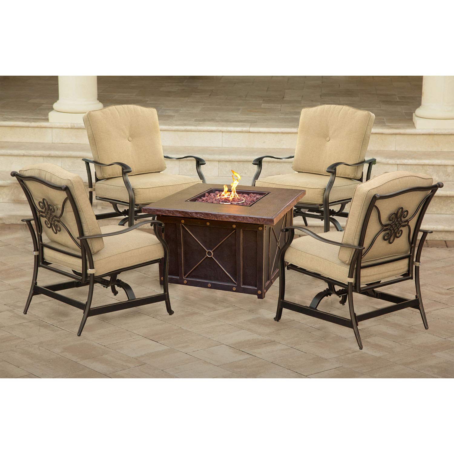 Hanover Summer Night 5-Piece Fire Pit Conversation Set with Natural Oat Cushions - Outdoor Patio Furniture for Backyard, Garden & Poolside Relaxation - Tan
