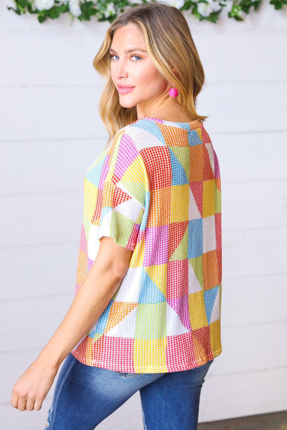 Stylish Multicolor Geometric Textured Knit Top for Women | Trendy Casual & Party Wear | Comfortable & Fashionable Blouse for Everyday Outfits