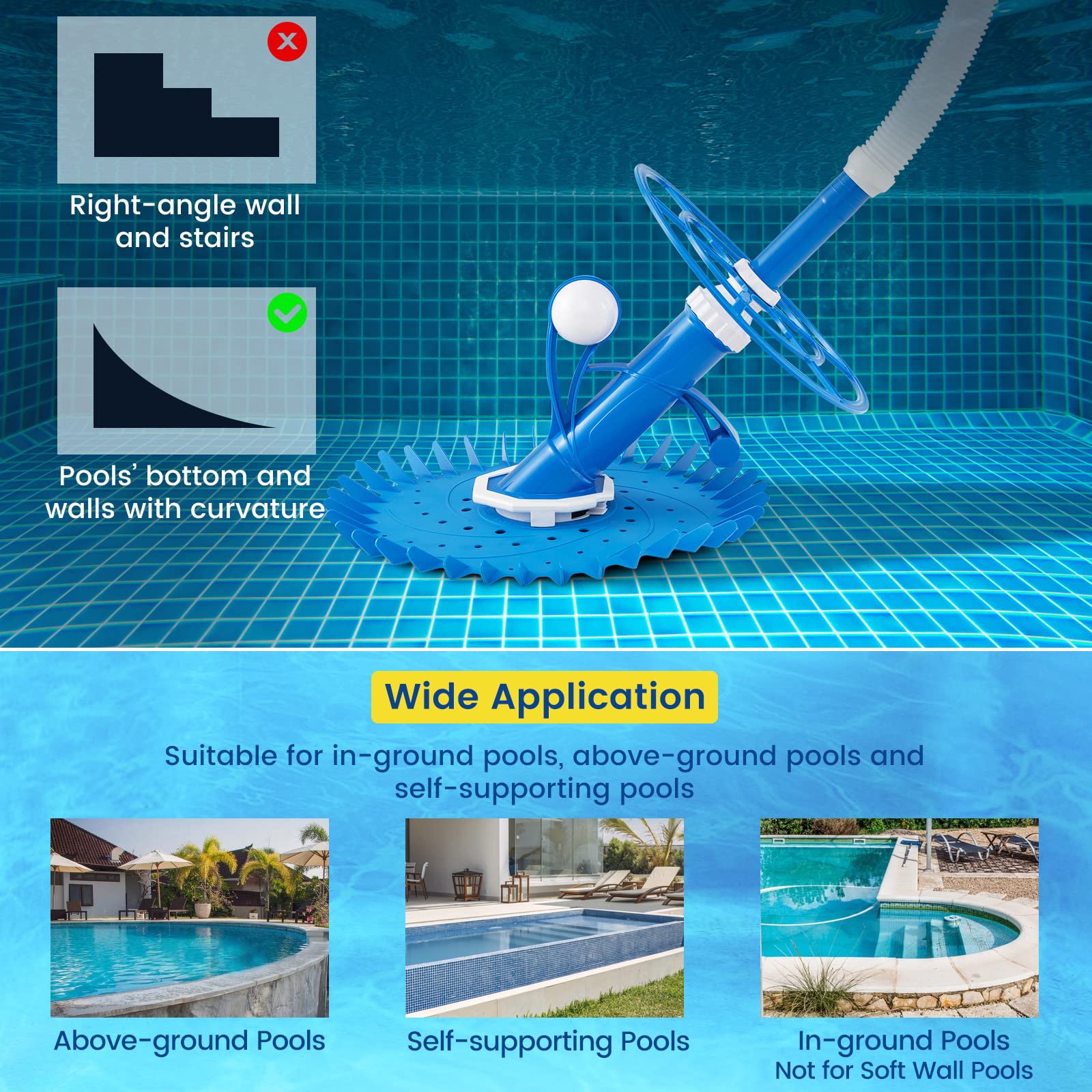 Upgraded Goplus Automatic Pool Cleaner - Robotic Vacuum Suction Pool Sweeper with 10 x 3.3 FT Extension Hoses & 36-Fin Disc, Side Climbing Design for Above Ground & Inground Pools - Efficiently Cleans Floors, Walls & Corners - Perfect for Backyard, Residential & Commercial Swimming Pools