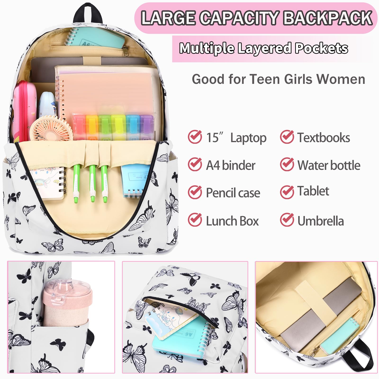 Cute Butterfly Print School Backpack for Girls - Lightweight Bookbag with Lunch Box & Pencil Case for Elementary & Middle School Students - Perfect for Teen Girls, Daily Use & Travel