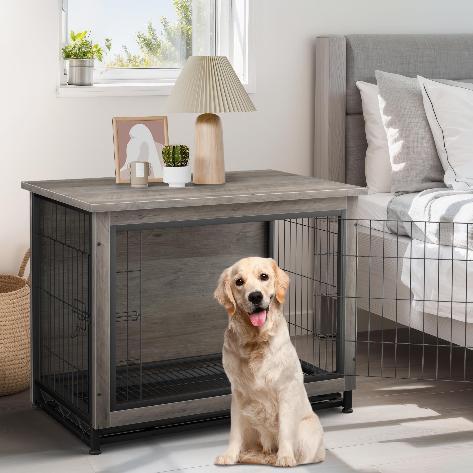Stylish Wooden Dog Crate Furniture with Double Doors - Indoor Pet Kennel, House & Cage for Medium Dogs (Grey) | Perfect for Living Rooms, Bedrooms & Home Decor