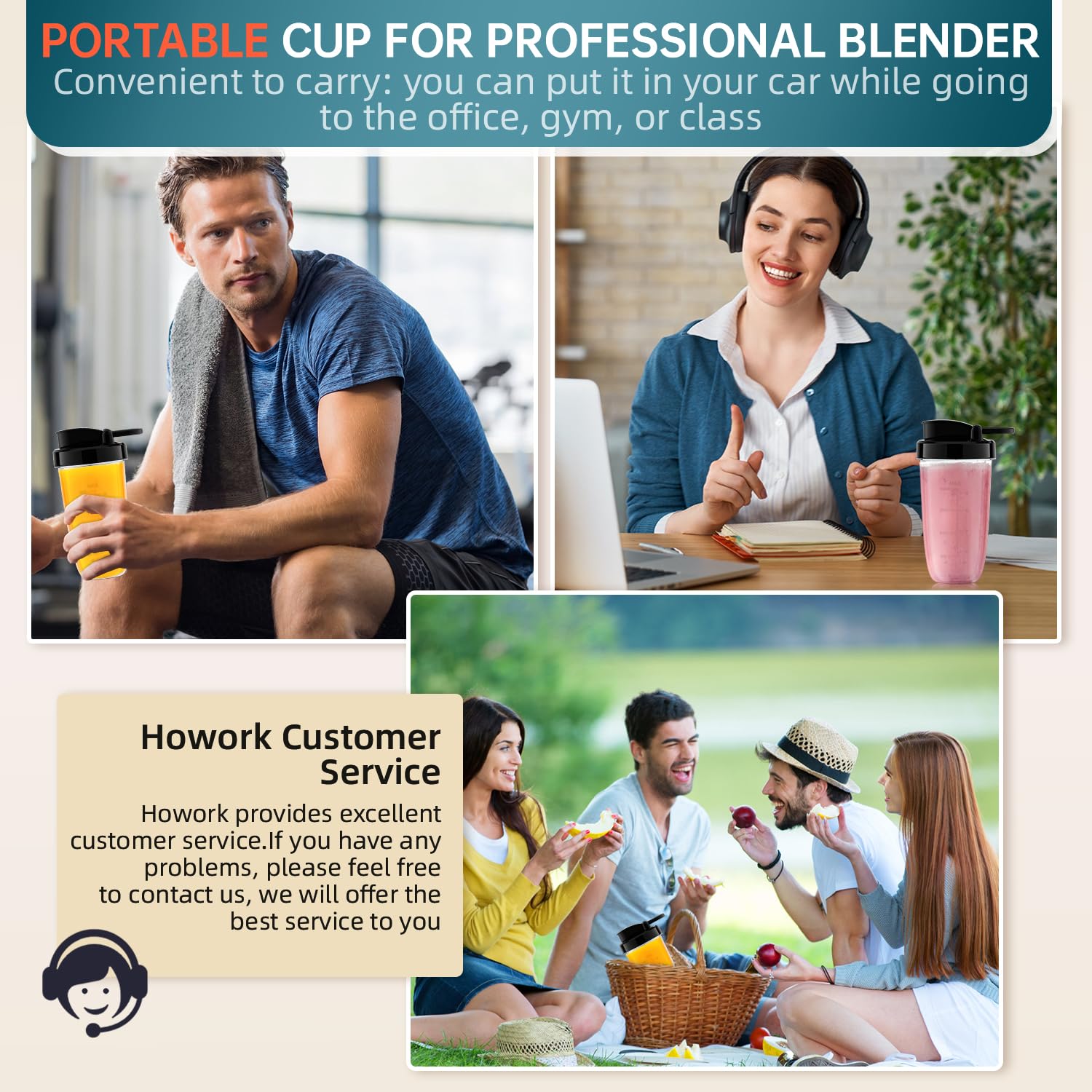 HOWORK 750W High-Speed Blender with 56oz Glass Jar & 16oz Portable Cups - 3 Functions for Smoothies, Frozen Drinks & Ice Cream - Perfect for Home Kitchen, Gym & Office Use