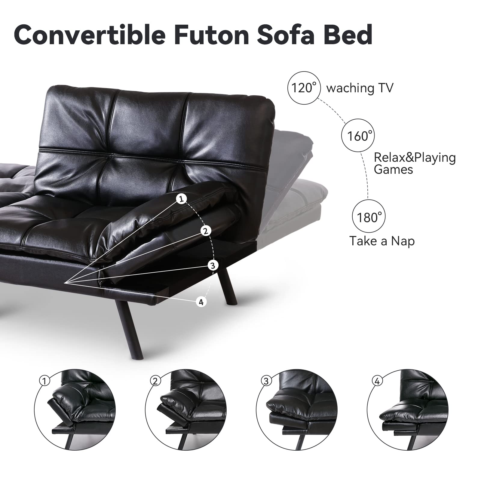 Hcore Convertible Bed - Faux Leather Futon Couch & Sleeper Sofa Bed in Light Black | Space-Saving Multi-Functional Furniture for Small Apartments, Guest Rooms & Home Offices