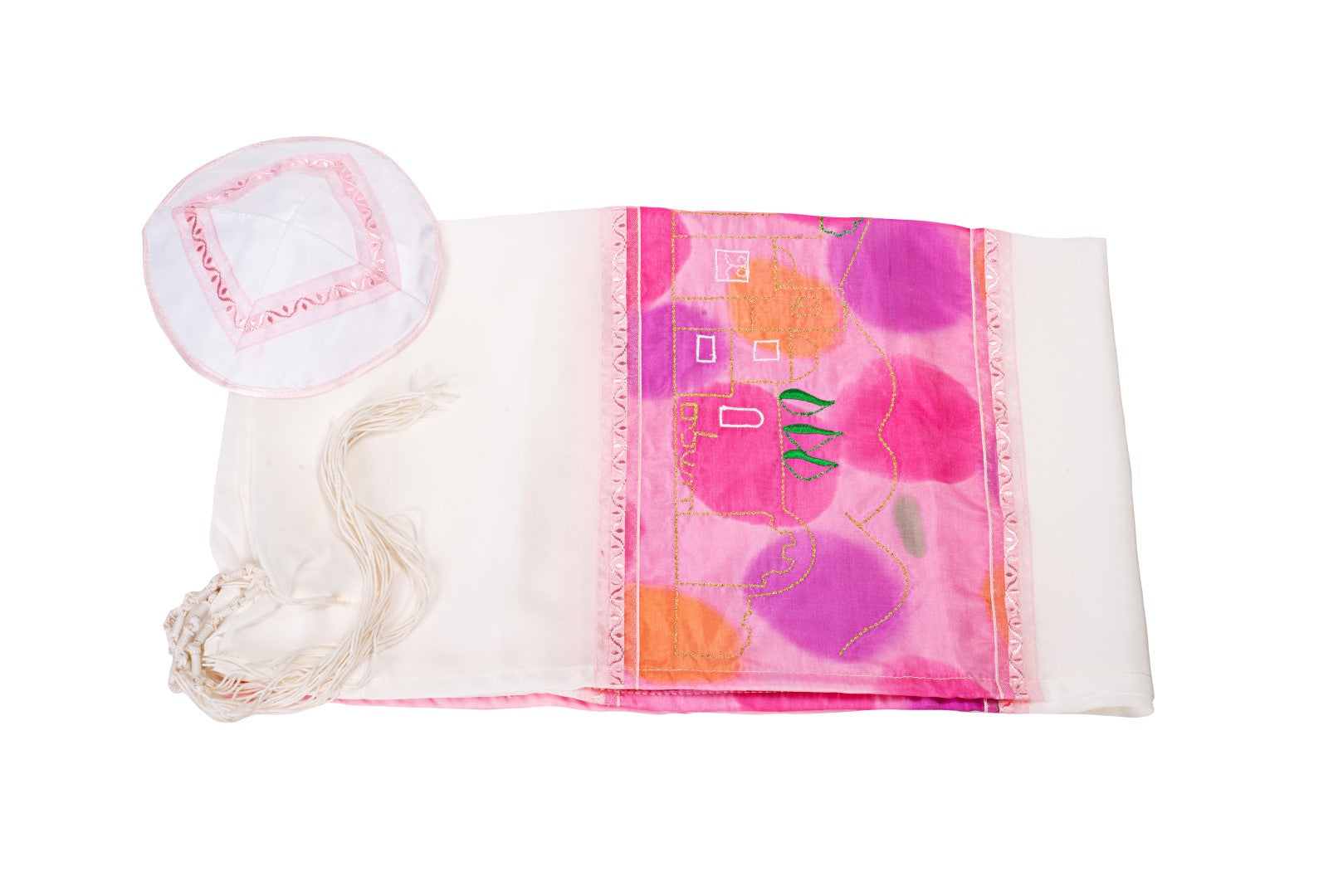 Elegant Women's Tallit Prayer Shawl with Gold Embroidered Jerusalem Landscape - Perfect for Bat Mitzvah, Synagogue & Jewish Ceremonies