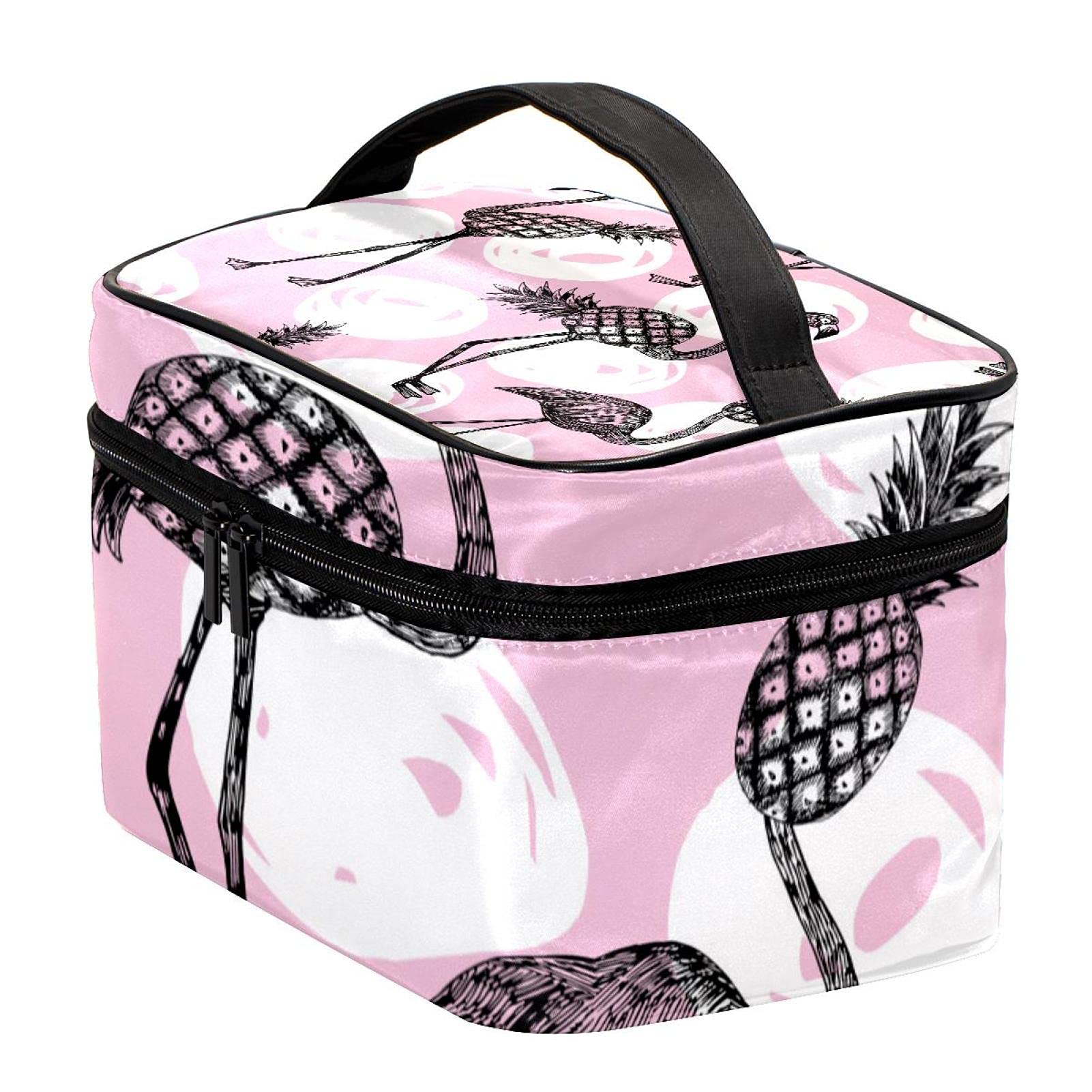 Stylish Pink Flamingo & Pineapple Pattern Large Travel Makeup Bag - Waterproof Cosmetic Organizer with Zipper for Women & Girls | Perfect for Vacation, Gym, Beach Trips & Daily Use