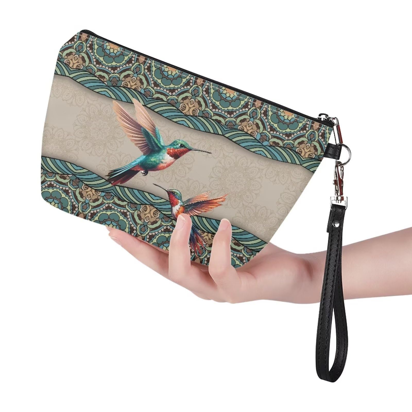 Pocelaces Cosmetic Makeup Organizer Case - Travel Toiletry Bag with Wrist Strap, Bohemian Mandala Hummingbird Design Makeup Storage Pouch for Women & Teens | Perfect for Travel, Gym, and Daily Beauty Essentials Organization