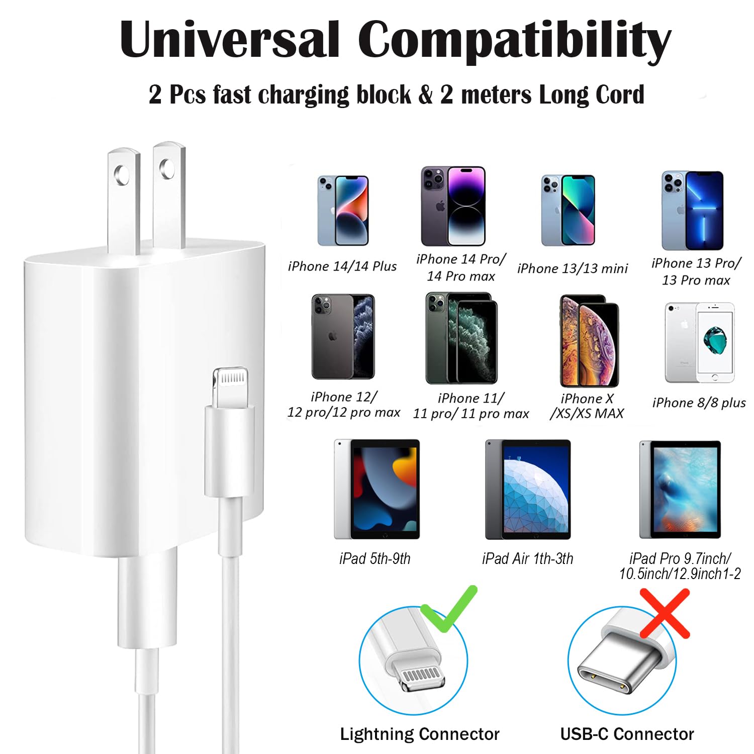Fast Charging iPhone Charger 2-Pack with 6FT USB-C to Lightning Cable - Compatible with iPhone 14/13/12/11/X/SE, iPad & AirPods - Quick Charge Adapter for Home, Office & Travel